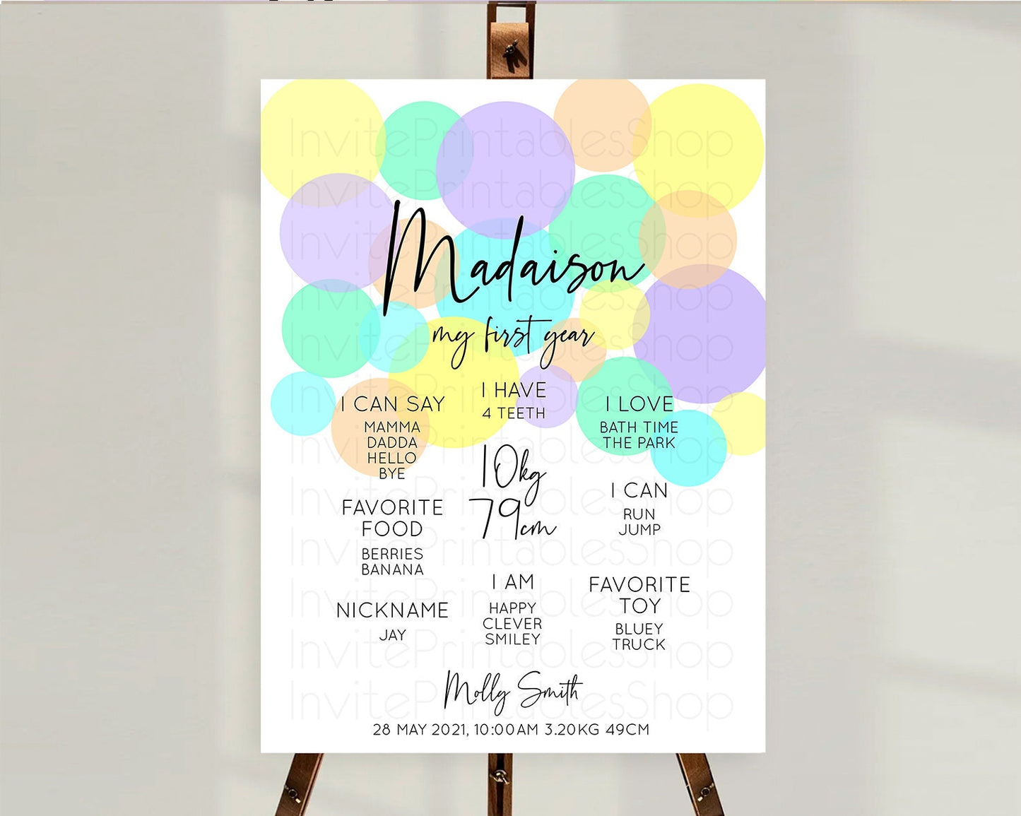 Pastel First Birthday Milestone Poster Pastel Rainbow Confetti First Birthday Milestone Board Colorful Bubbles Birthday Welcome Sign D10415