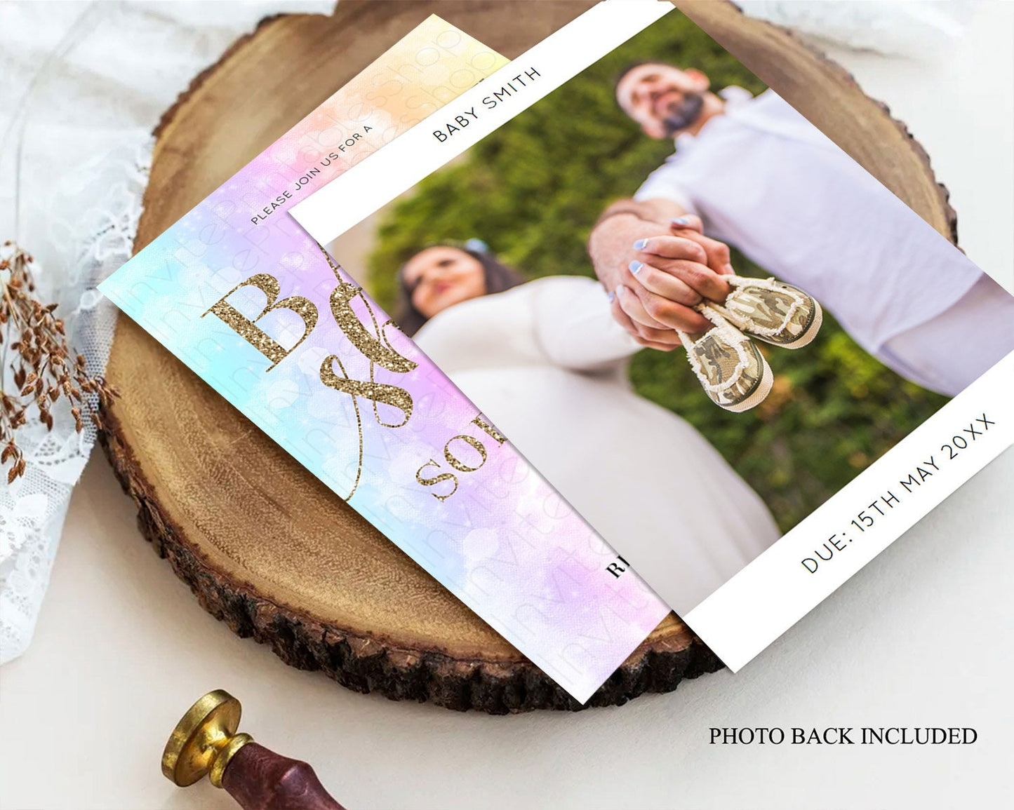 Pastel Rainbow Baby Shower Invitation, Colorful Watercolor, Gold Glitter Sprinkles - Teal, Pink, Purple, Orange, Yellow, Green Ombre D10648