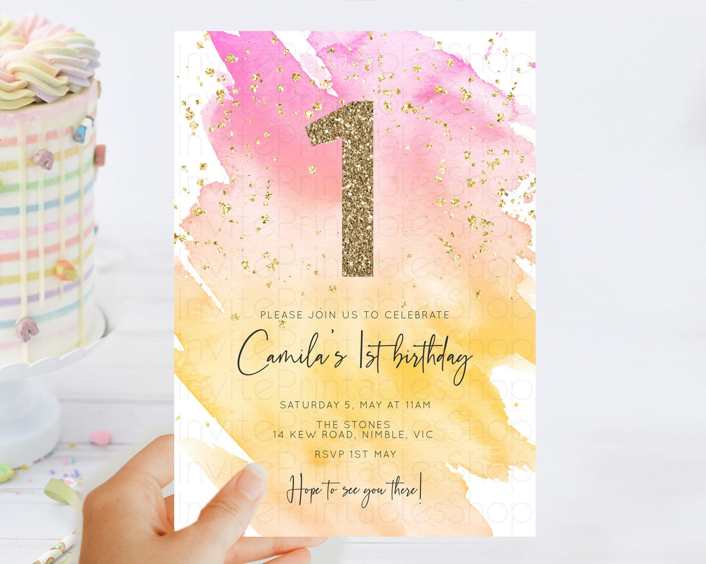 Rainbow Birthday Invitation Colorful Pastel Watercolor Invitation Gold Glitter Sprinkles Ombre Pastel 1st 2nd 3rd Birthday D10527