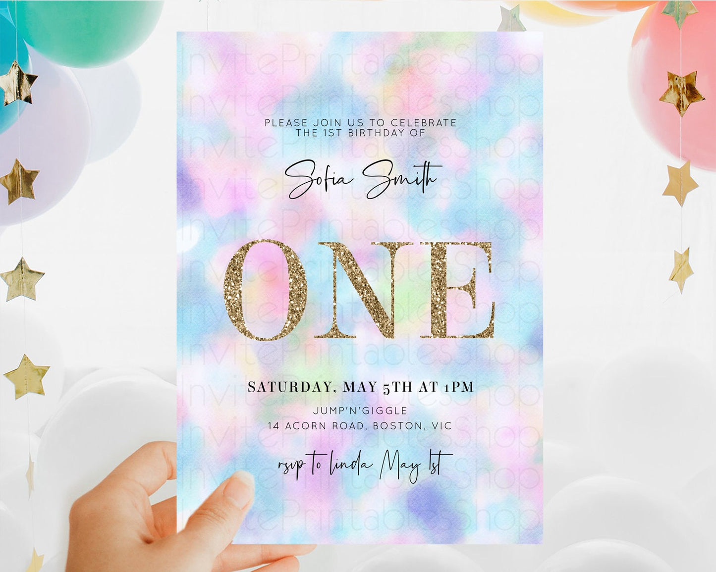 Rainbow Birthday Invitation Colorful Pastel Watercolor Invitation Gold Glitter Sprinkles Ombre Pastel 1st 2nd 3rd Birthday D10694