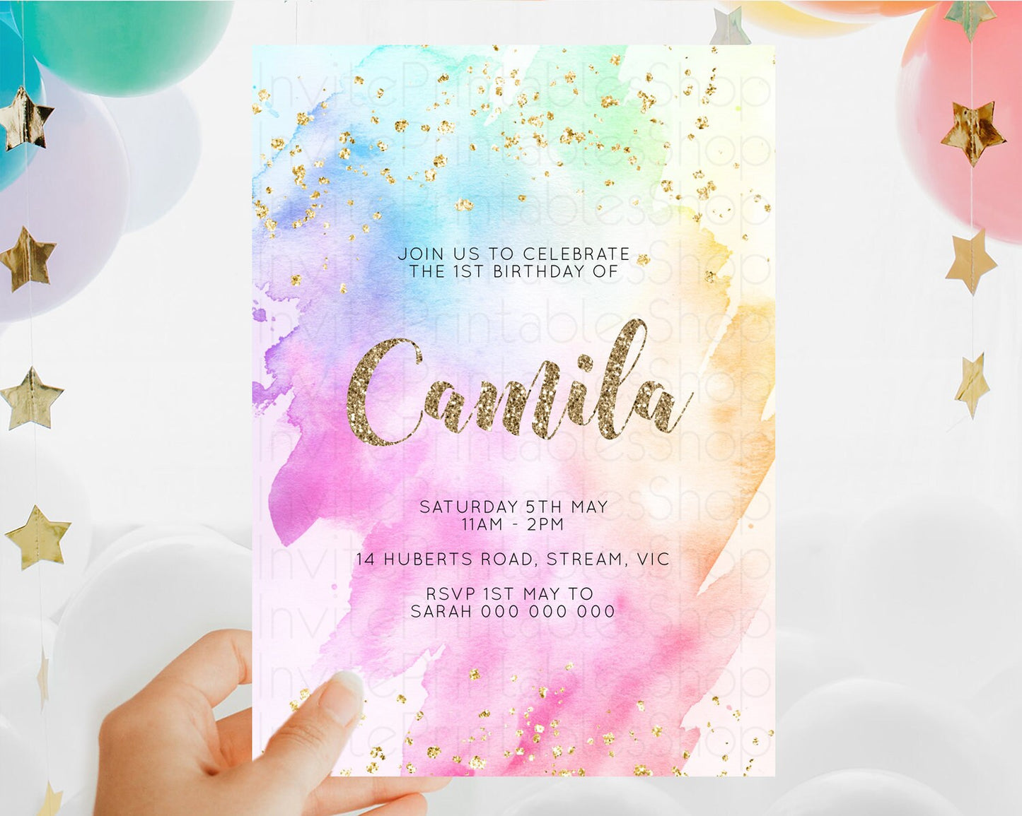 Rainbow Birthday Invitation Colorful Pastel Watercolor Invitation Gold Glitter Sprinkles Ombre Pastel 1st 2nd 3rd Birthday D10450