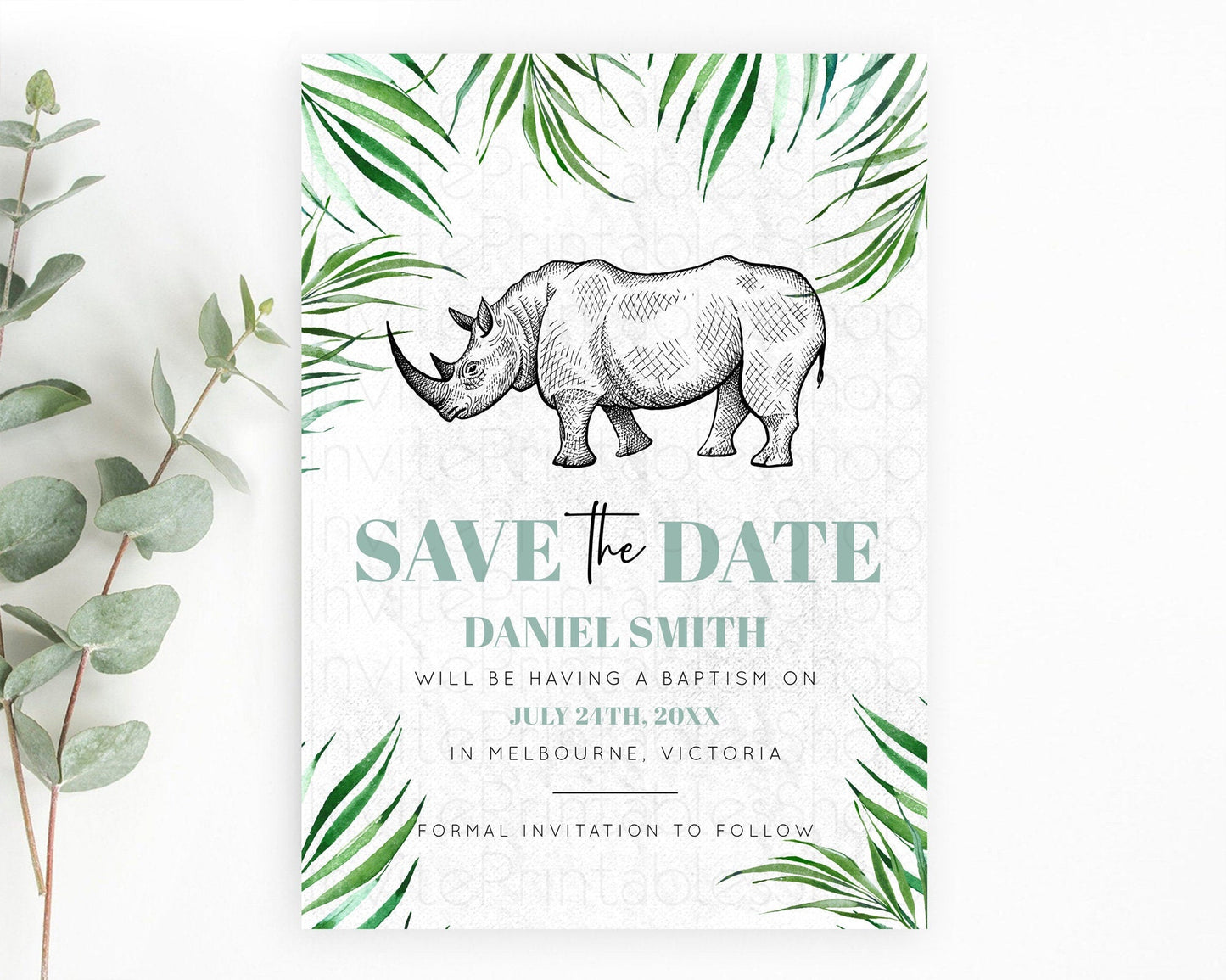 Rhino Save The Date Template Rhino Party Save The Date Safari Adventure Rhino Minimal Theme For 1st Birthday Baptism Baby Shower D10848