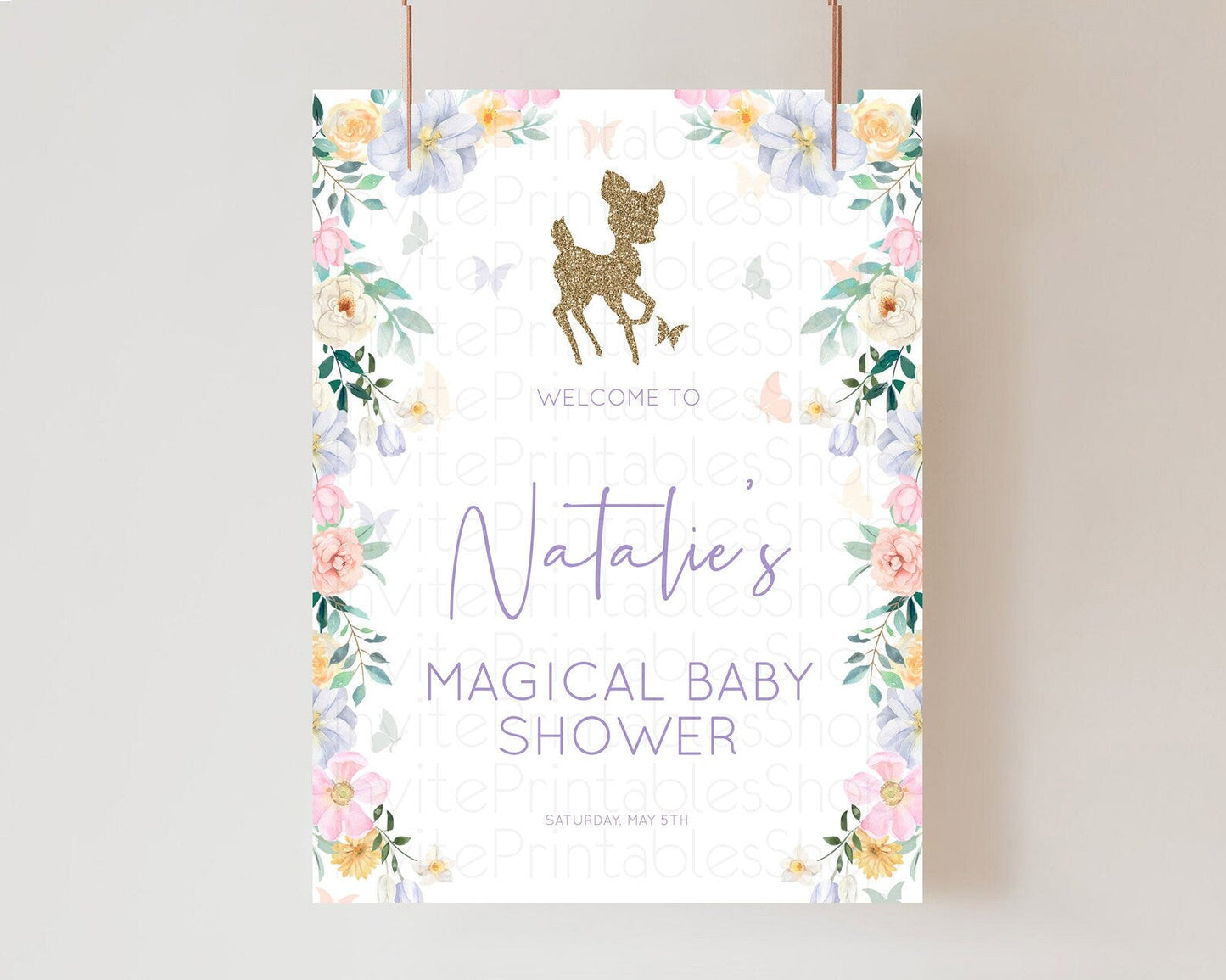 Fawn Baby Shower Welcome Sign Deer Welcome Board Floral Deer Welcome Poster Enchanted Forest Butterfly Pastel Floral Welcome Sign D10477