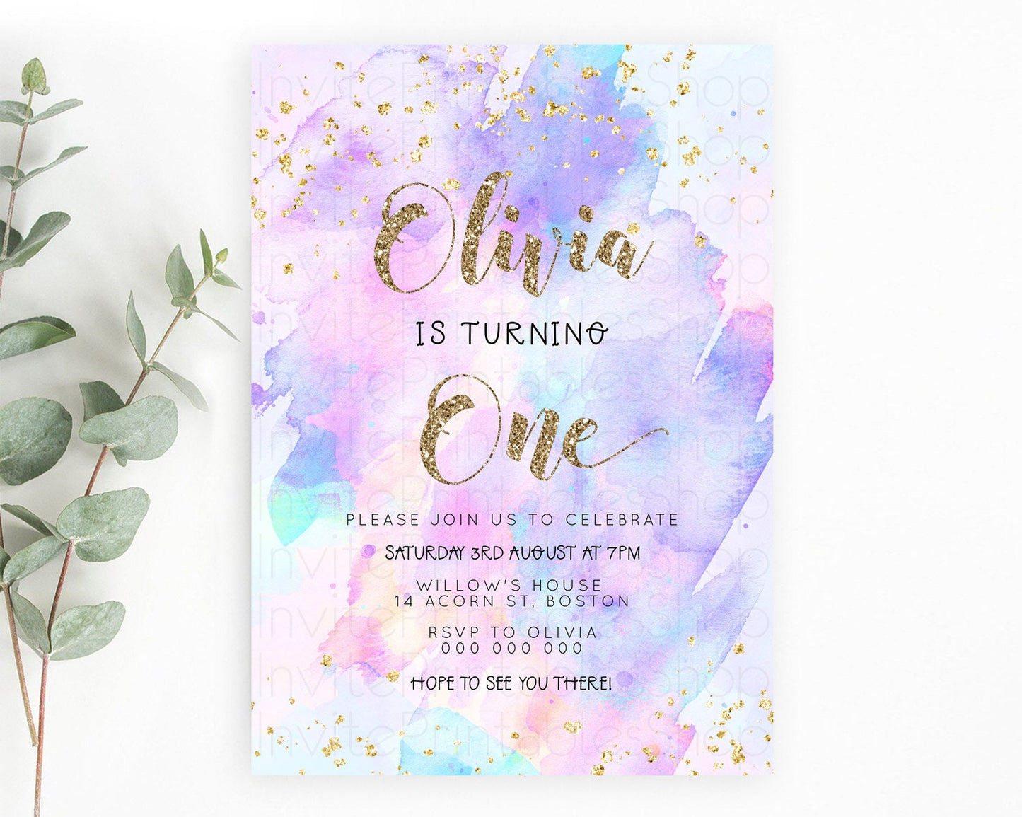 Rainbow Birthday Invitation Colorful Pastel Watercolor Invitation Gold Glitter Sprinkles Ombre Pastel 1st 2nd 3rd Birthday D23299