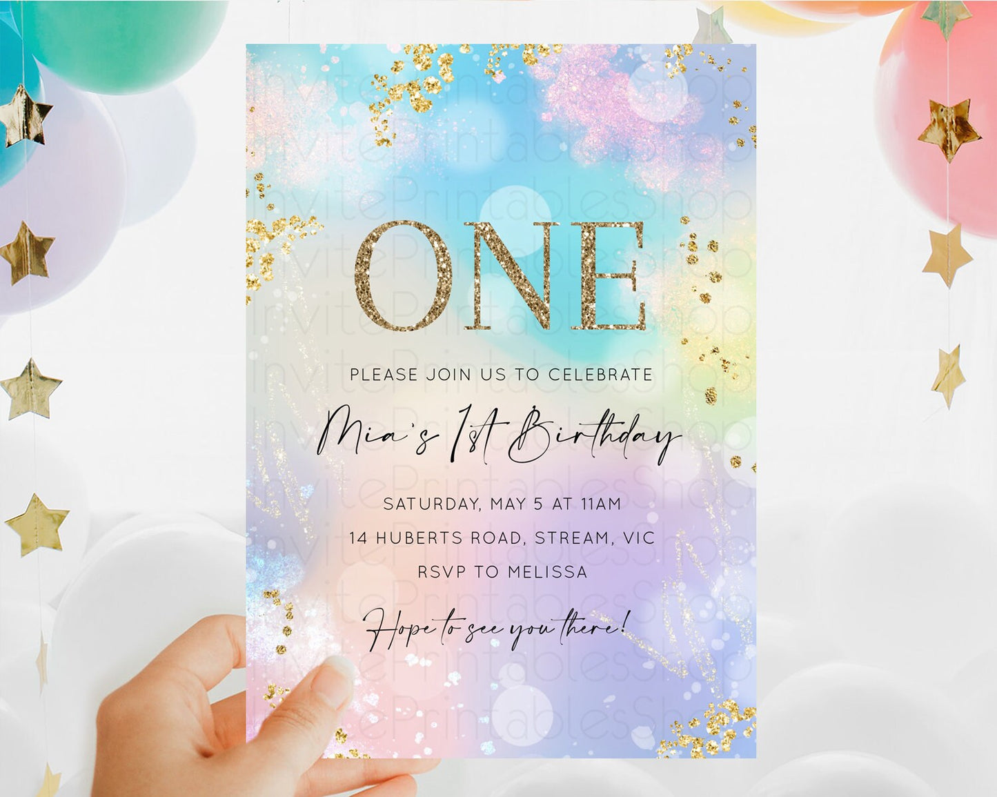 Rainbow Birthday Invitation Colorful Pastel Watercolor Invitation Gold Glitter Sprinkles Ombre Pastel 1st 2nd 3rd Birthday D10675