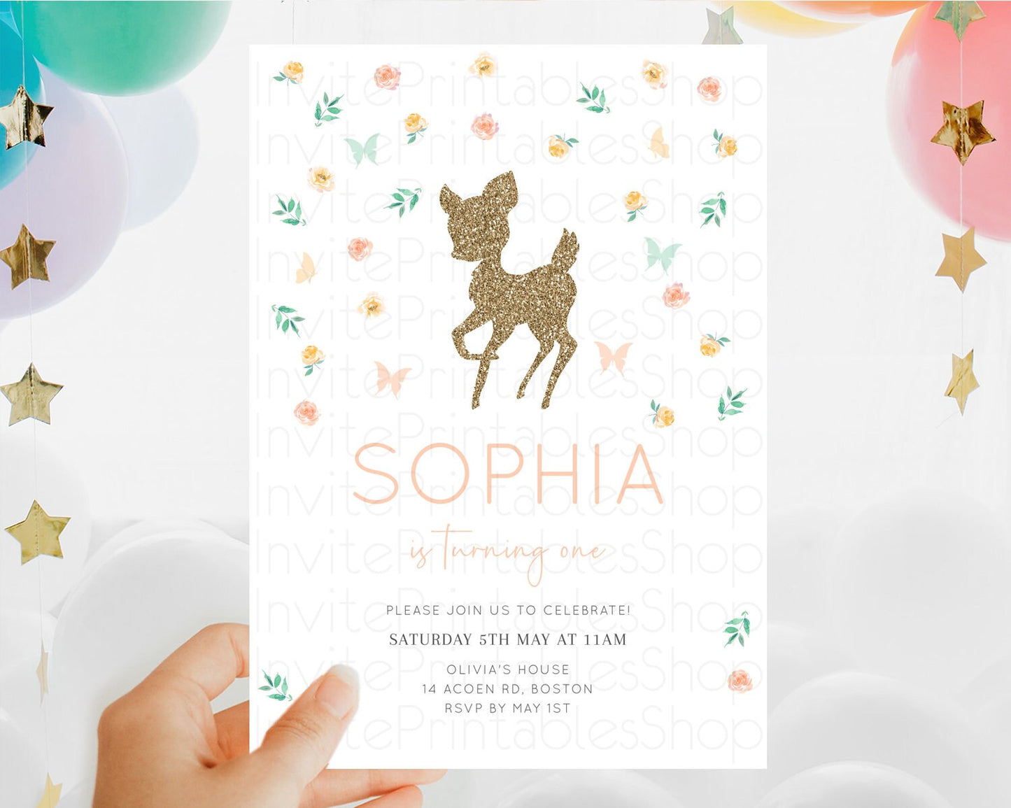 Fawn Birthday Invitation Deer Birthday Invitation Enchanted Forest Party Butterfly Pastel Flowers Whimsical 2nd 1st First Birthday D10355