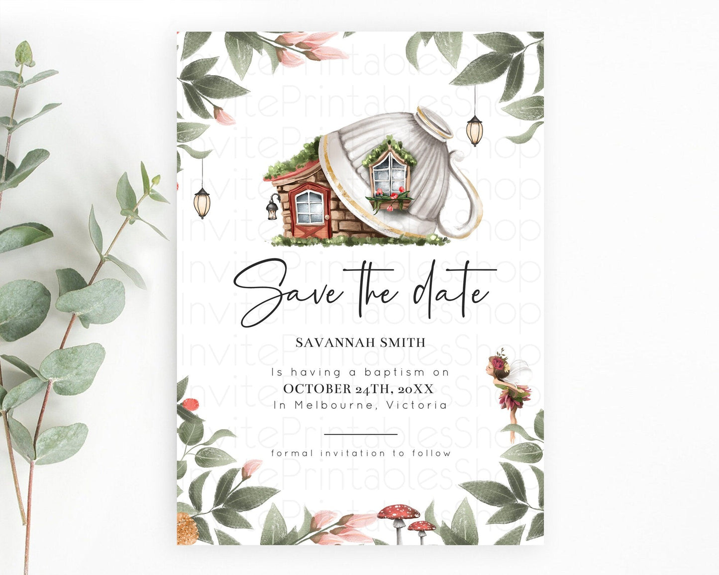 Fairy Save The Date Template Enchanted Garden Pastel Floral Butterfly Party Secret Garden Birthday Baptism Baby Shower Bridal Shower D10851