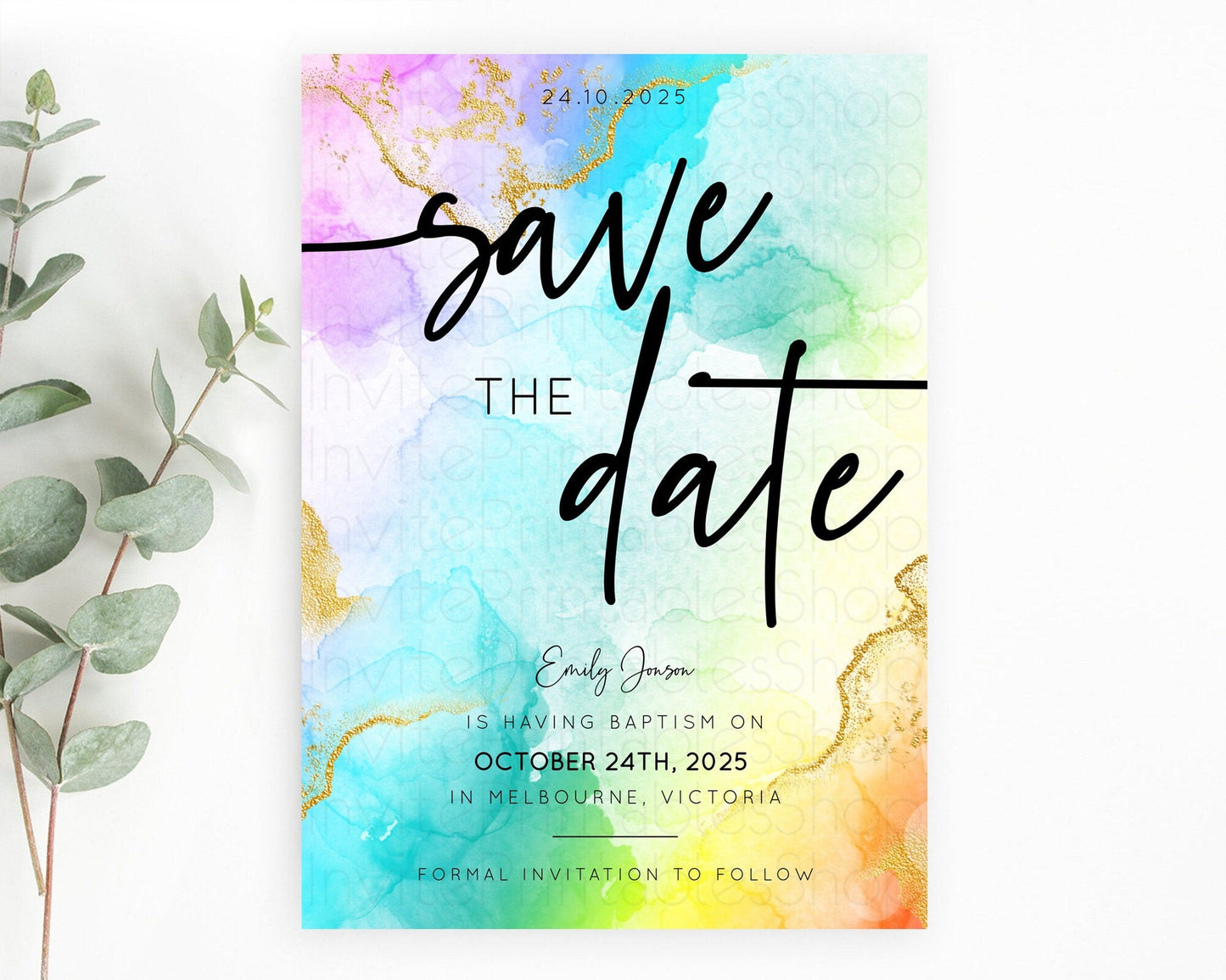 Pastel Save The Date Template Pastel Ombre Rainbow Watercolor Colorful Party For Birthday Baptism Baby Shower Wedding Bridal Shower D10390