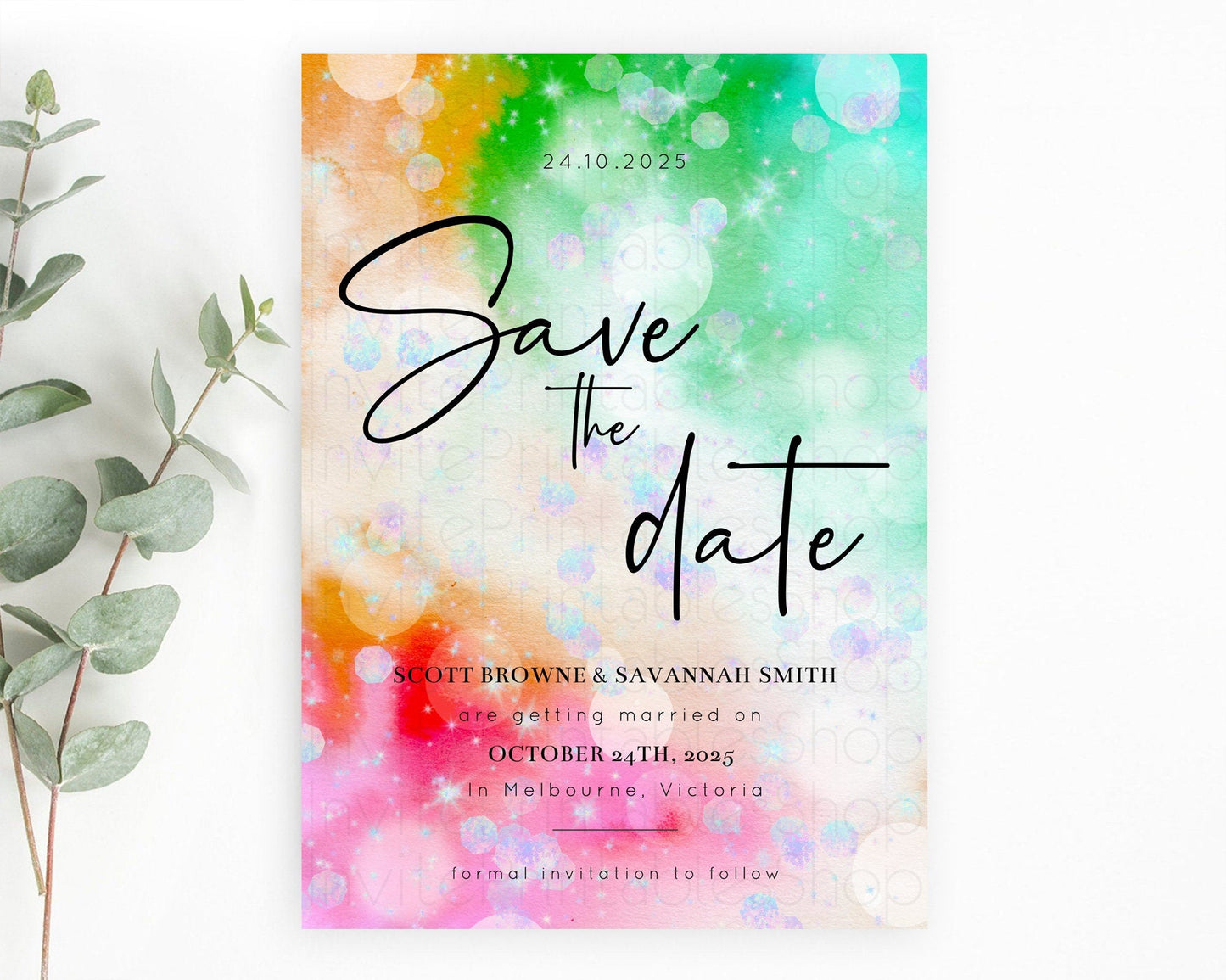 Colorful Save The Date Template Pastel Rainbow Watercolor Iridescent Ombre Party For 1st Birthday Baptism Baby Shower Bridal Shower D10691