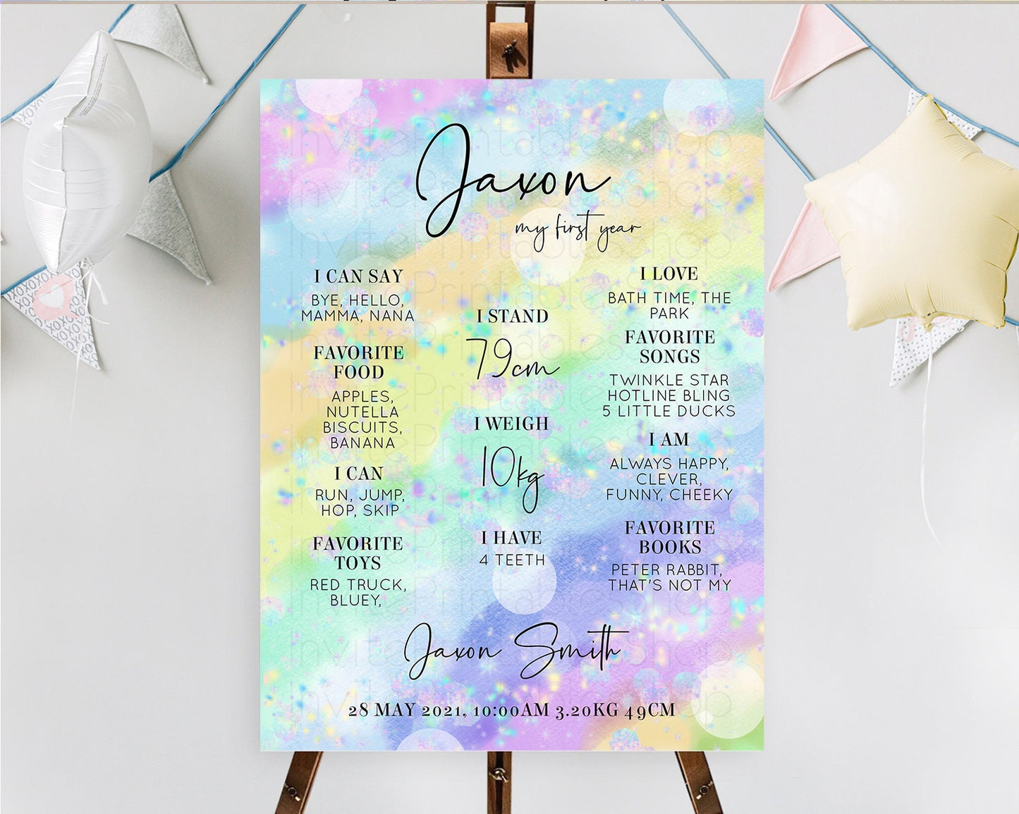 Pastel First Birthday Milestone Board Pastel Rainbow Milestone Poster Colorful Confetti Watercolor Glitter 1st Birthday Welcome Sign D10689