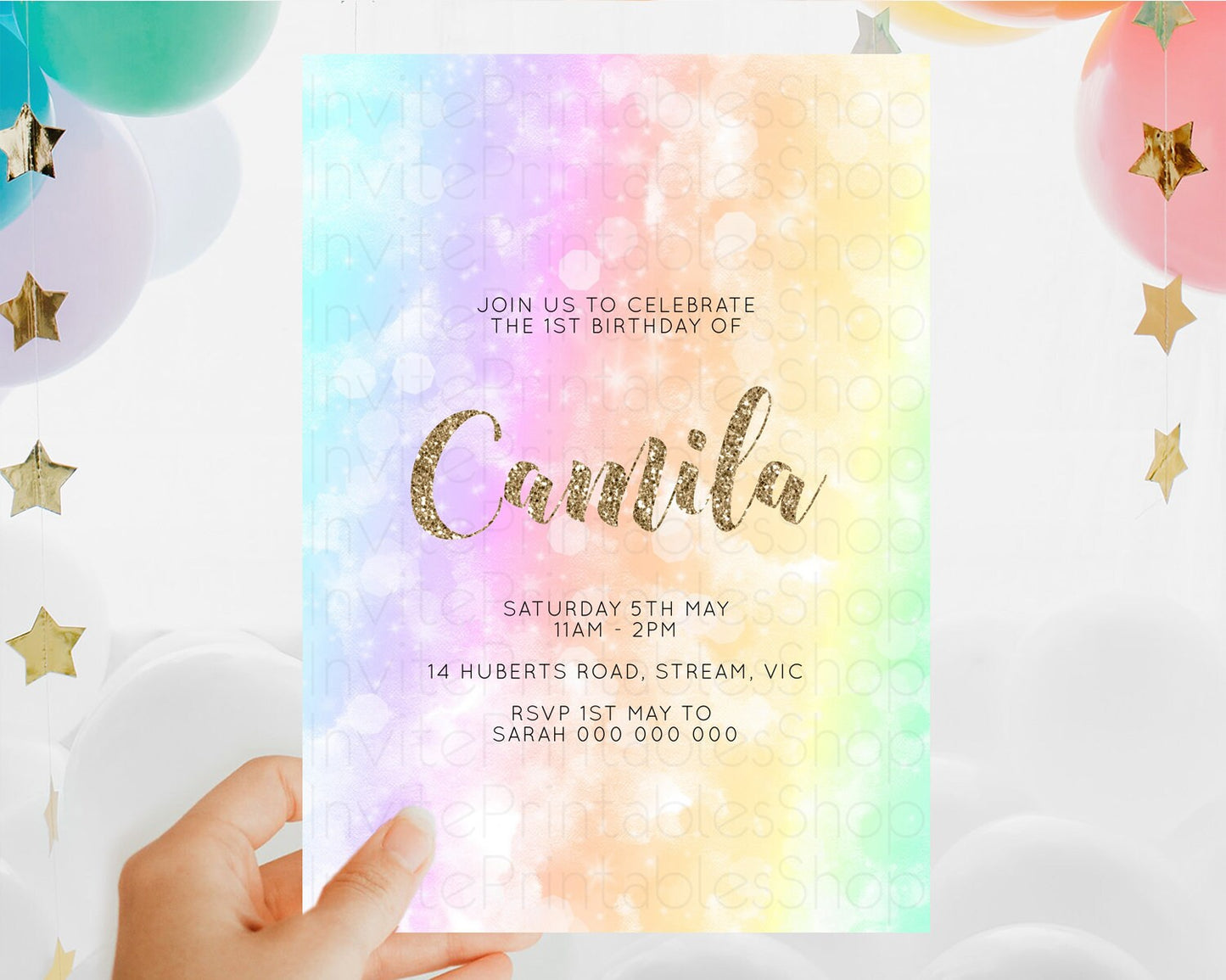 Rainbow Birthday Invitation Colorful Pastel Watercolor Invitation Gold Glitter Sprinkles Ombre Pastel 1st 2nd 3rd Birthday D10648