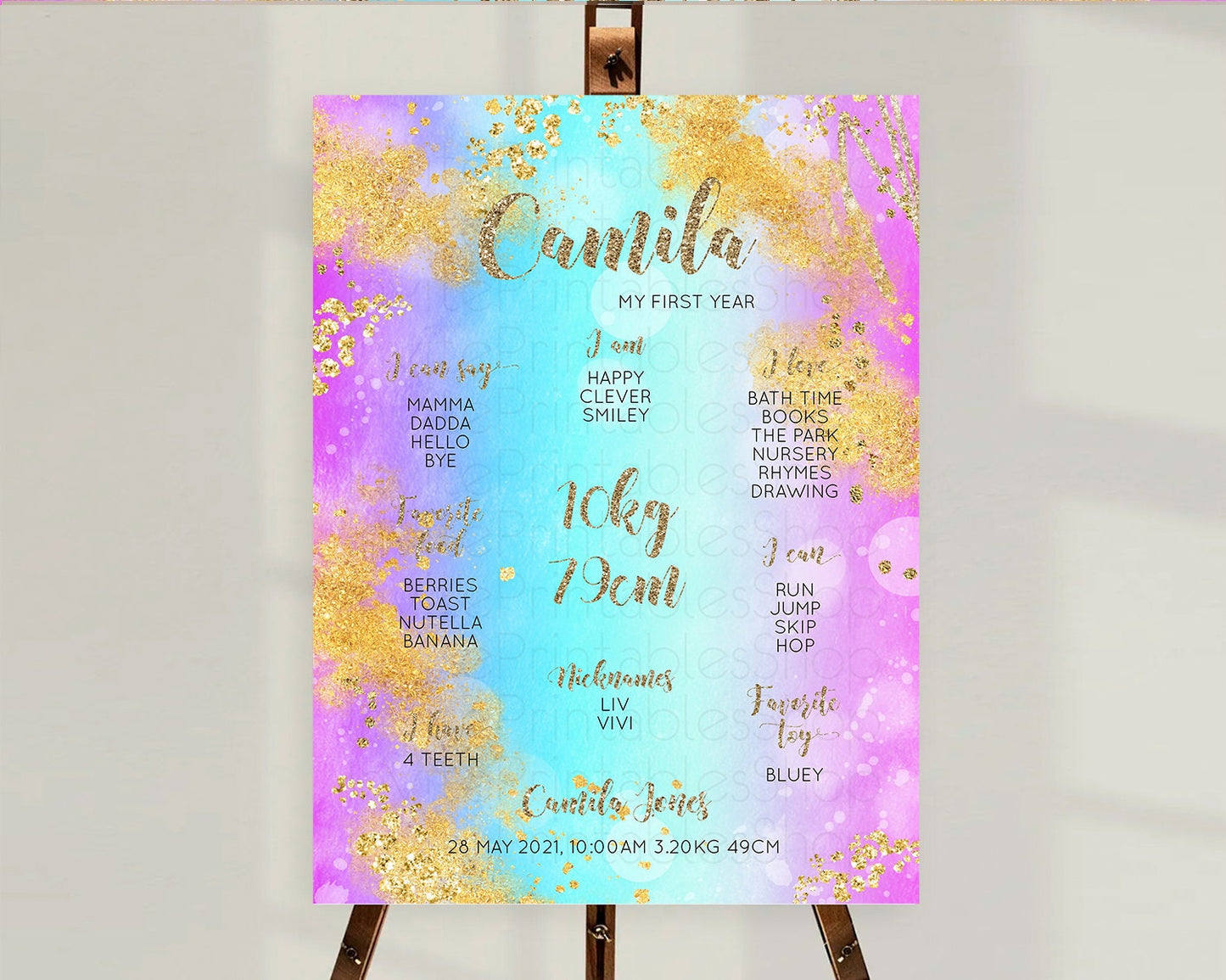 Pastel First Birthday Milestone Board Pastel Rainbow Milestone Poster Colorful Confetti Watercolor Glitter 1st Birthday Welcome Sign D10564