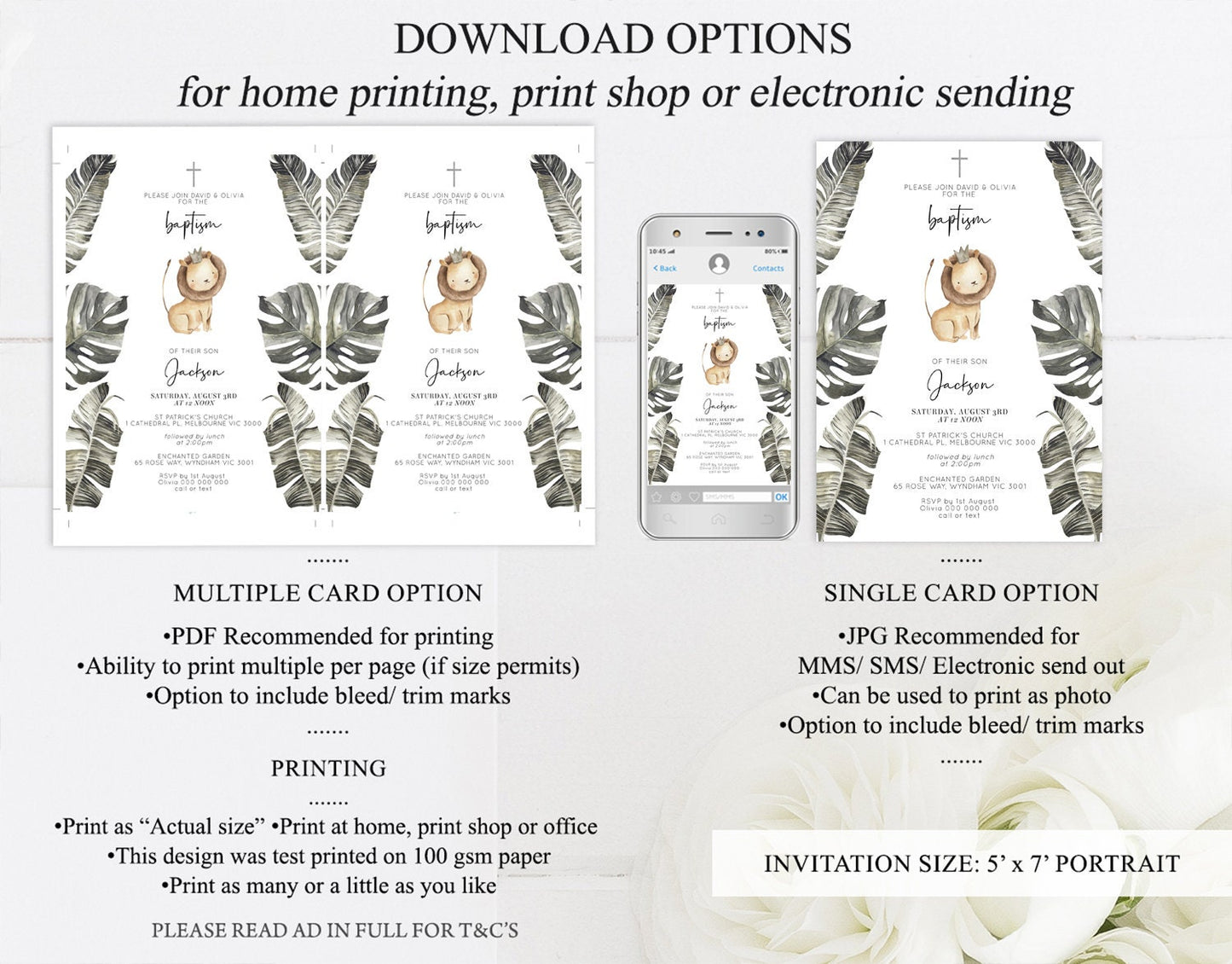 Cute Lion Baptism Invitation Baby Lion Cub Christening Invitation Watercolor Safari Jungle Baby Lion Palm Leaf Holy Communion 584