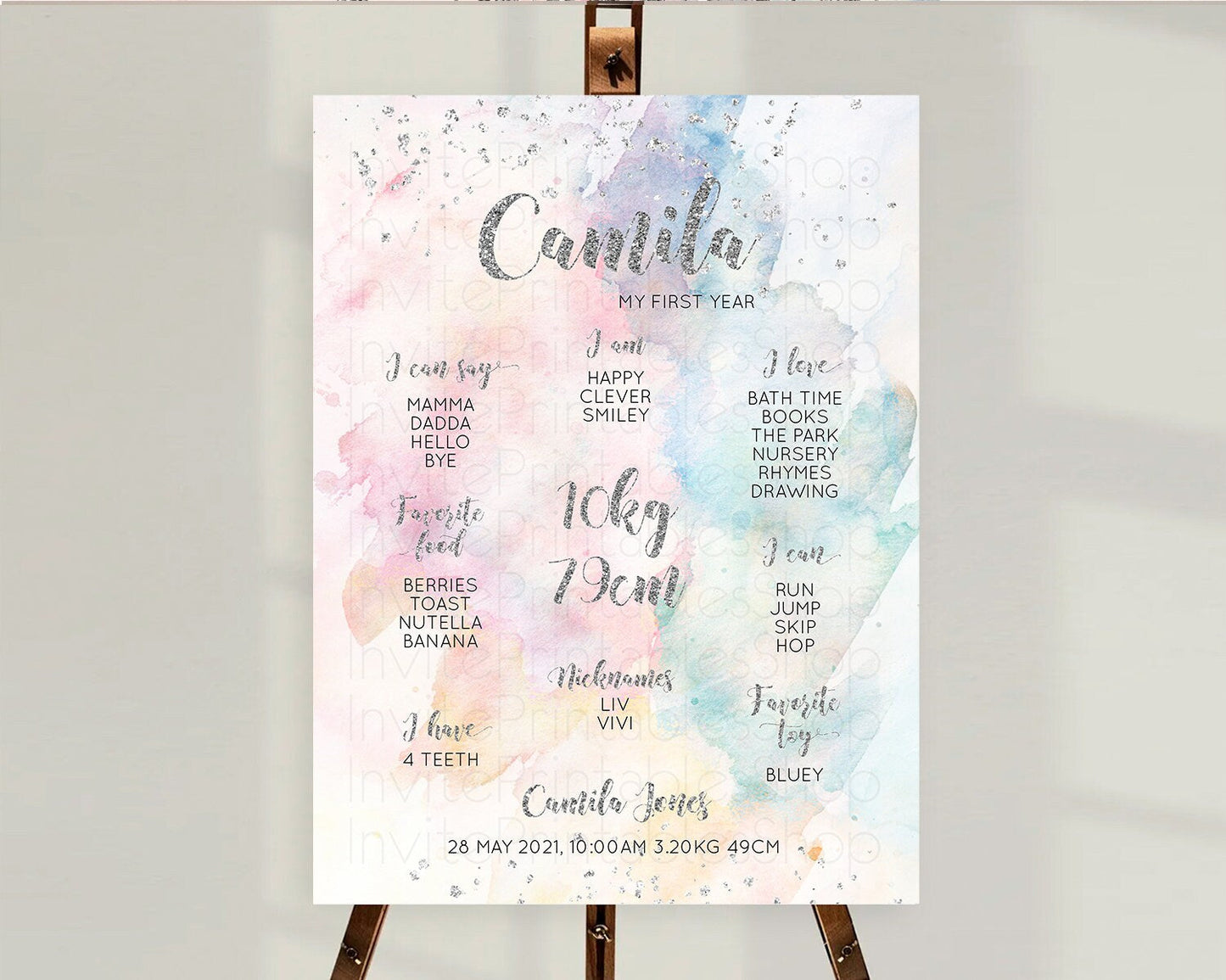 Pastel Rainbow First Birthday Milestone Board Pastel Milestone Poster Colorful Confetti Watercolor Silver 1st Birthday Welcome Sign D10944