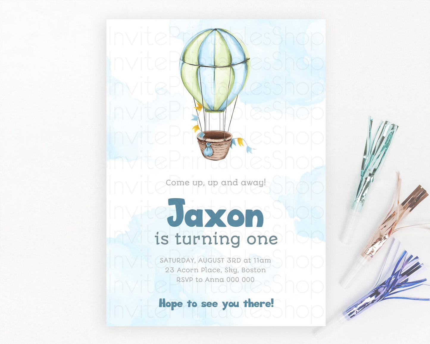 Hot Air Balloon Birthday Invitation Hot Air Balloon Invites Adventure Awaits Up Up & Away Glitter Blue Watercolor 1st Birthday Boy D10661