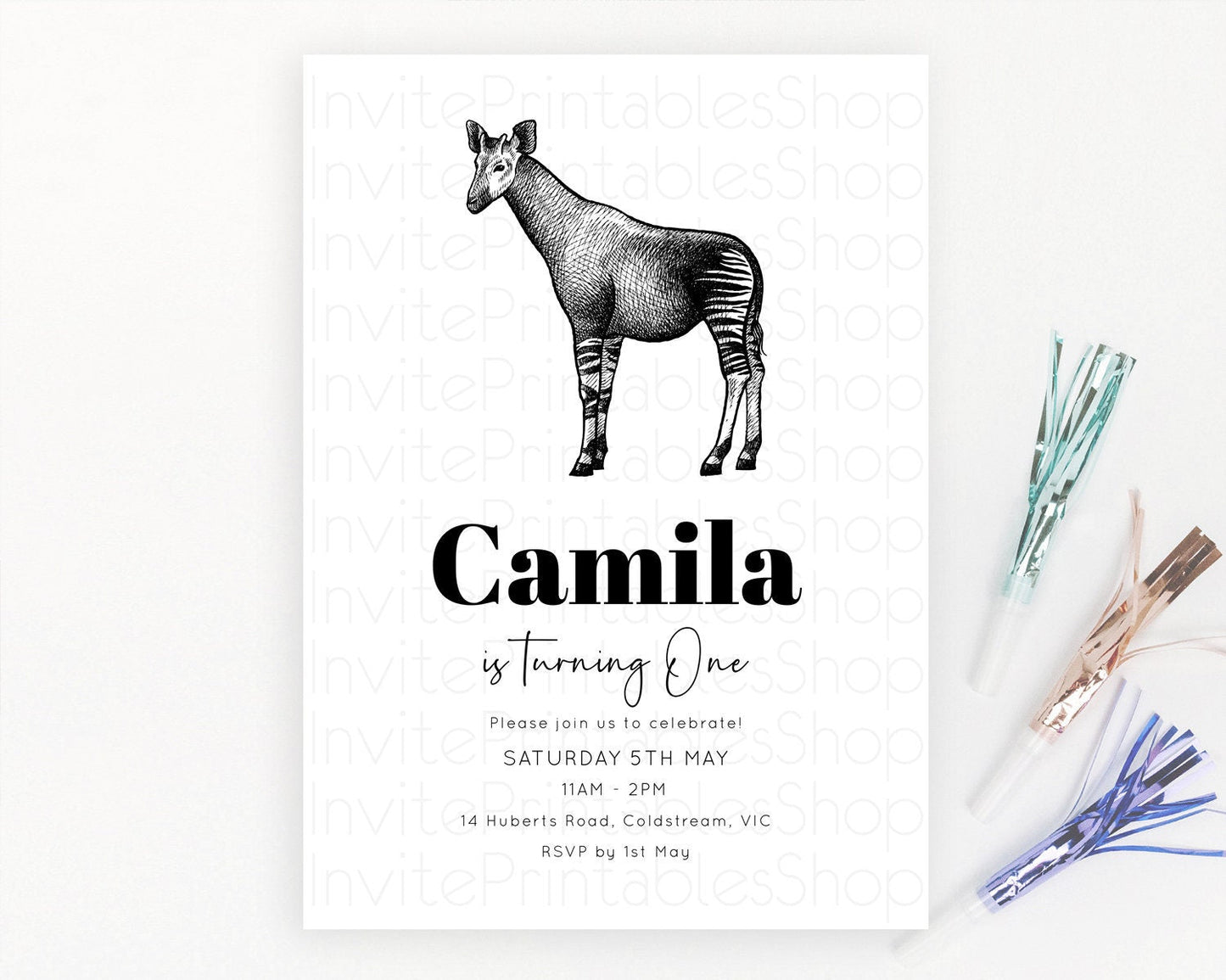 Okapi Birthday Invitation Okapi Invitation Okapi Birthday Okapi Safari Adventure Invite Okapi Palm Leaf Invite Zoo Party D10283