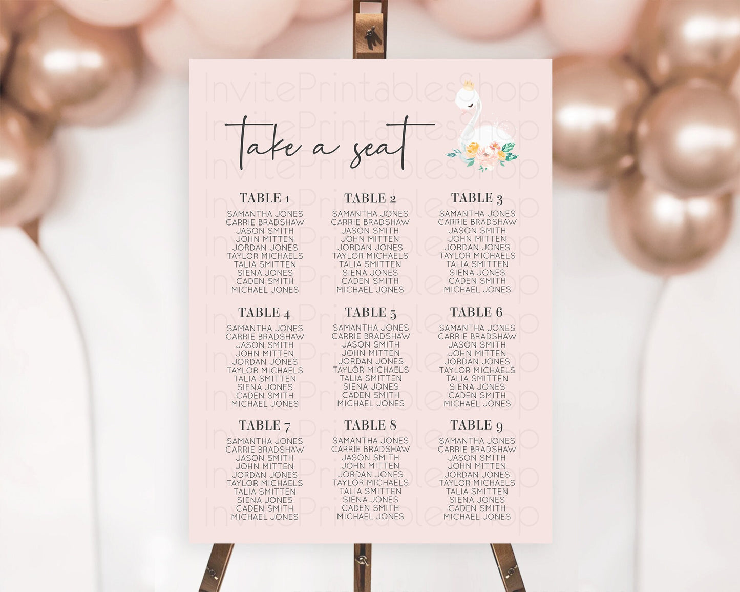 Editable Swan Seating Chart Swan Princess Ballet Seating Sign Watercolour Pa