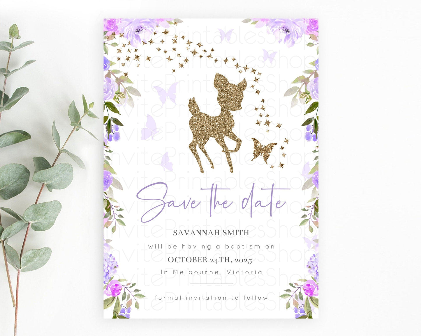 Fawn Deer Save The Date Template Pastel Floral Deer Enchanted Forest Butterfly Party 1st Birthday Baptism Baby Shower Bridal Shower D10914