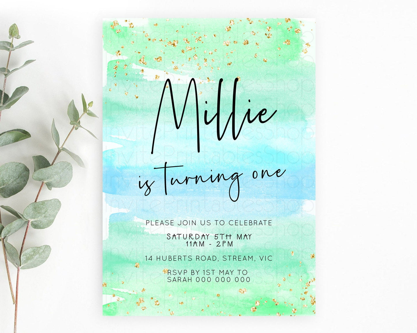 Green Birthday Invitation green Watercolor Invitation Pastel green Watercolor Invitation green Splash Gold Invitation First Birthday D23045