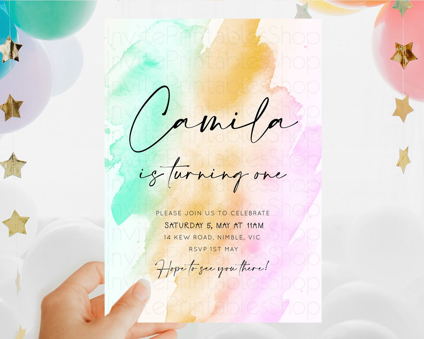 Rainbow Birthday Invitation Colorful Pastel Watercolor Invitation Gold Glitter Sprinkles Ombre Pastel 1st 2nd 3rd Birthday D10962