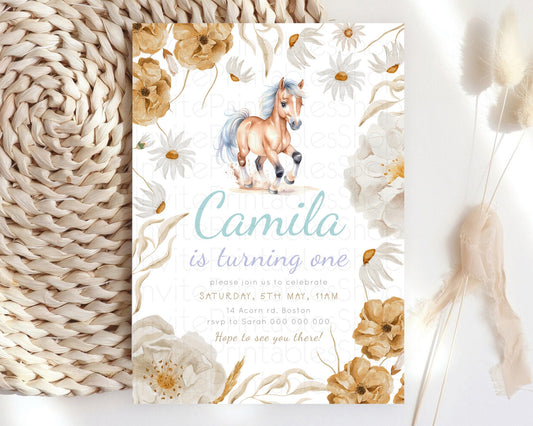Editable Horse Birthday Invitation, Galloping Wildflower Fields, Pastel Flow