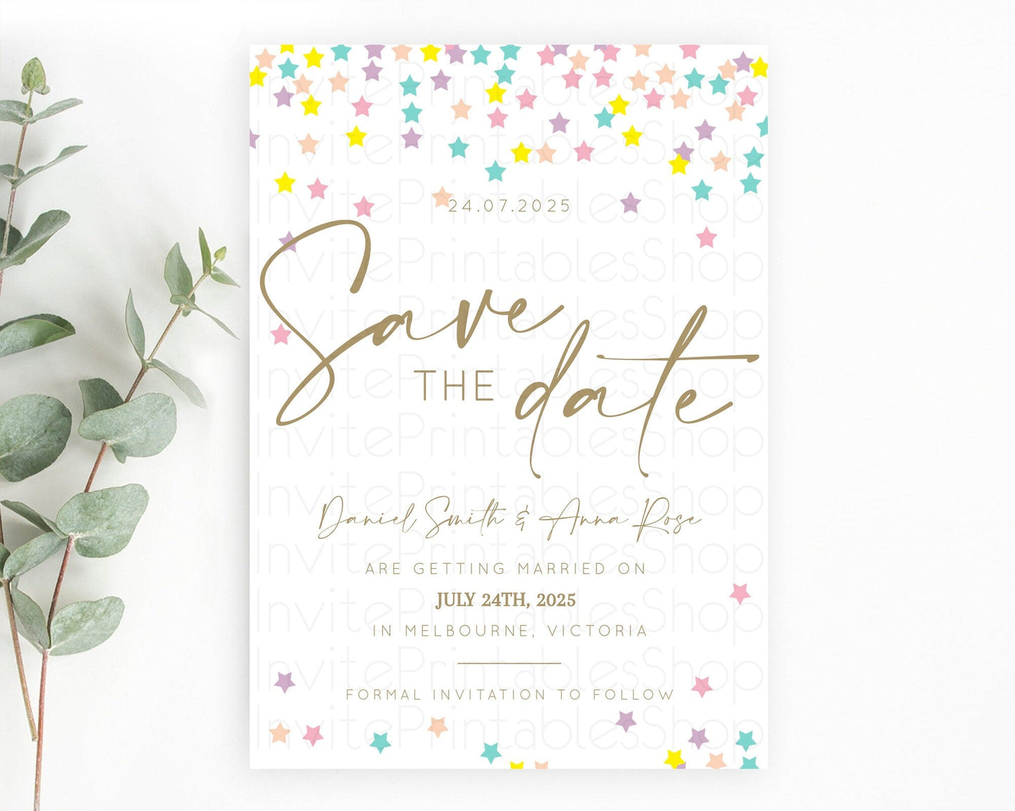 Twinkle Stars Save The Date Template Pastel Twinkle Little Star Party Shooting Star Confetti Sprinkles Birthday Baptism Baby Shower D10601