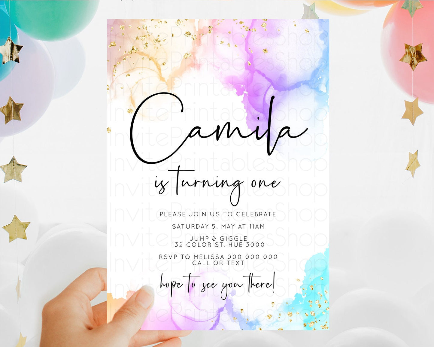 Rainbow Birthday Invitation Colorful Pastel Watercolor Invitation Gold Glitter Sprinkles Ombre Pastel 1st 2nd 3rd Birthday D10180