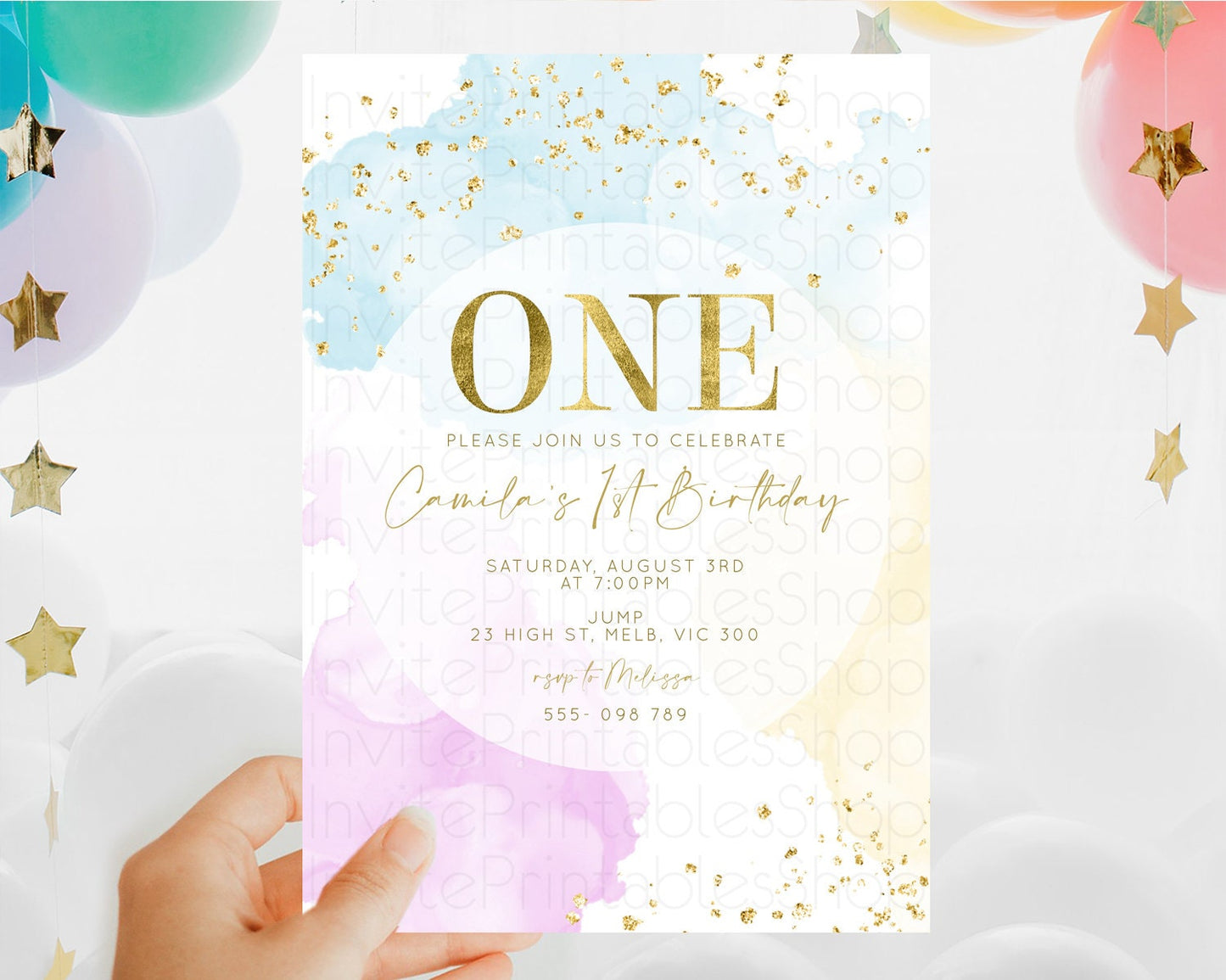 Rainbow Birthday Invitation Colorful Pastel Watercolor Invitation Gold Glitter Sprinkles Ombre Pastel 1st 2nd 3rd Birthday D10204