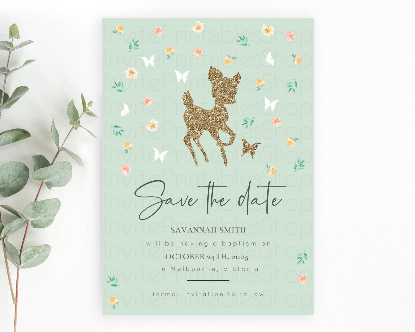 Fawn Deer Save The Date Template Pastel Floral Deer Enchanted Forest Butterfly Party 1st Birthday Baptism Baby Shower Bridal Shower D10385