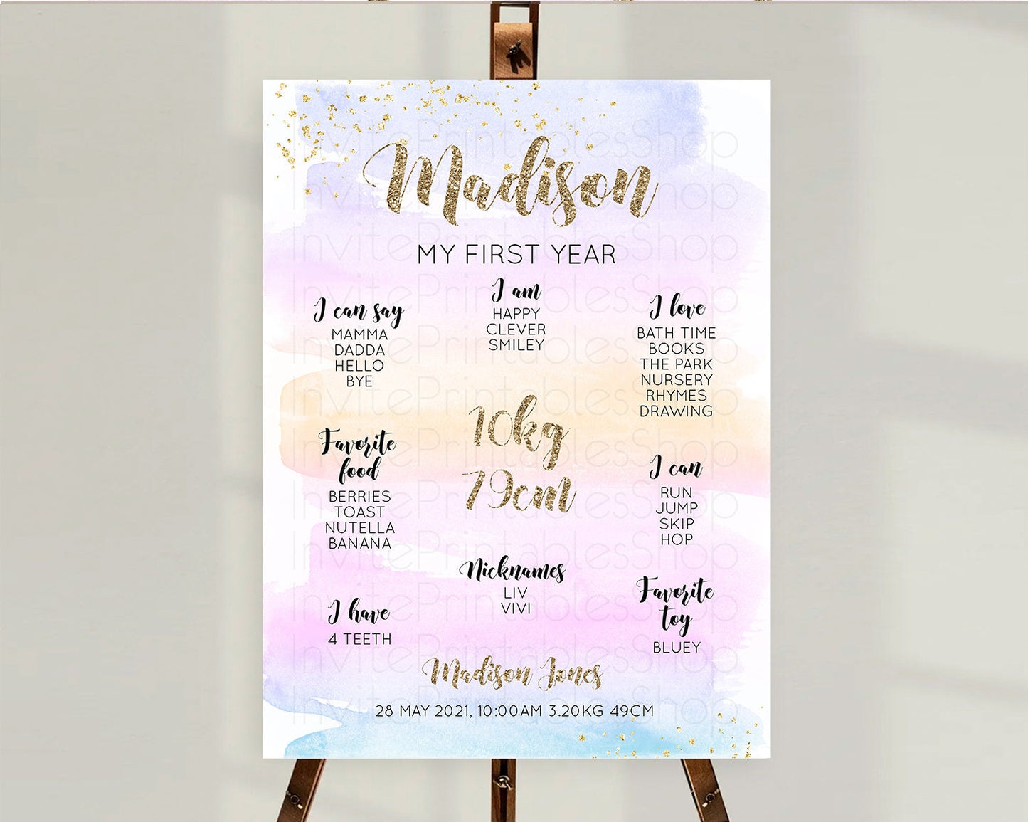 Pastel First Birthday Milestone Board Pastel Rainbow Milestone Poster Colorful Confetti Watercolor Glitter 1st Birthday Welcome Sign D10595