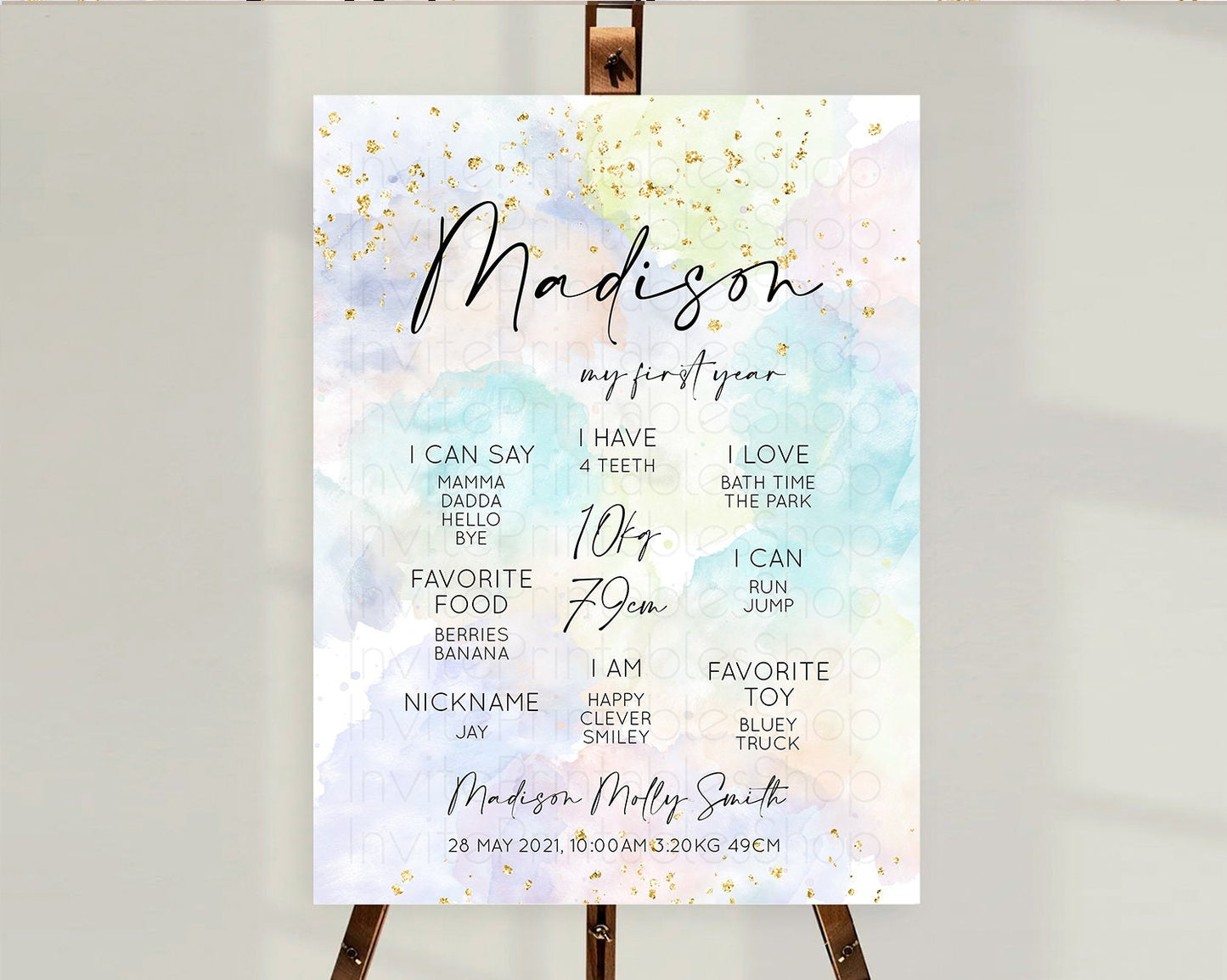 Pastel First Birthday Milestone Board Pastel Rainbow Milestone Poster Colorful Confetti Watercolor Glitter 1st Birthday Welcome Sign D10613