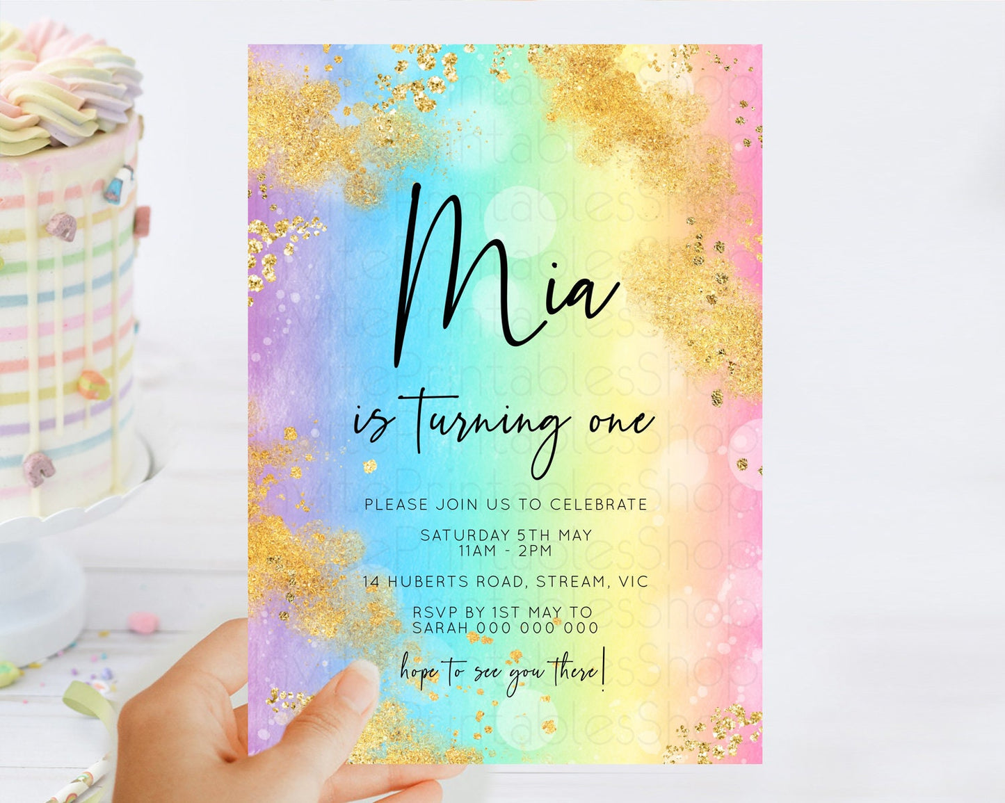 Rainbow Birthday Invitation Colorful Pastel Watercolor Invitation Gold Glitter Sprinkles Ombre Pastel 1st 2nd 3rd Birthday D10559