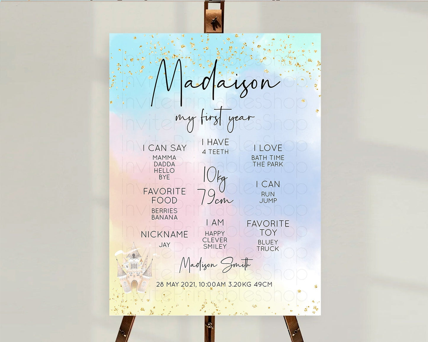 Pastel First Birthday Milestone Board Pastel Rainbow Milestone Poster Colorful Confetti Watercolor Glitter 1st Birthday Welcome Sign D10376