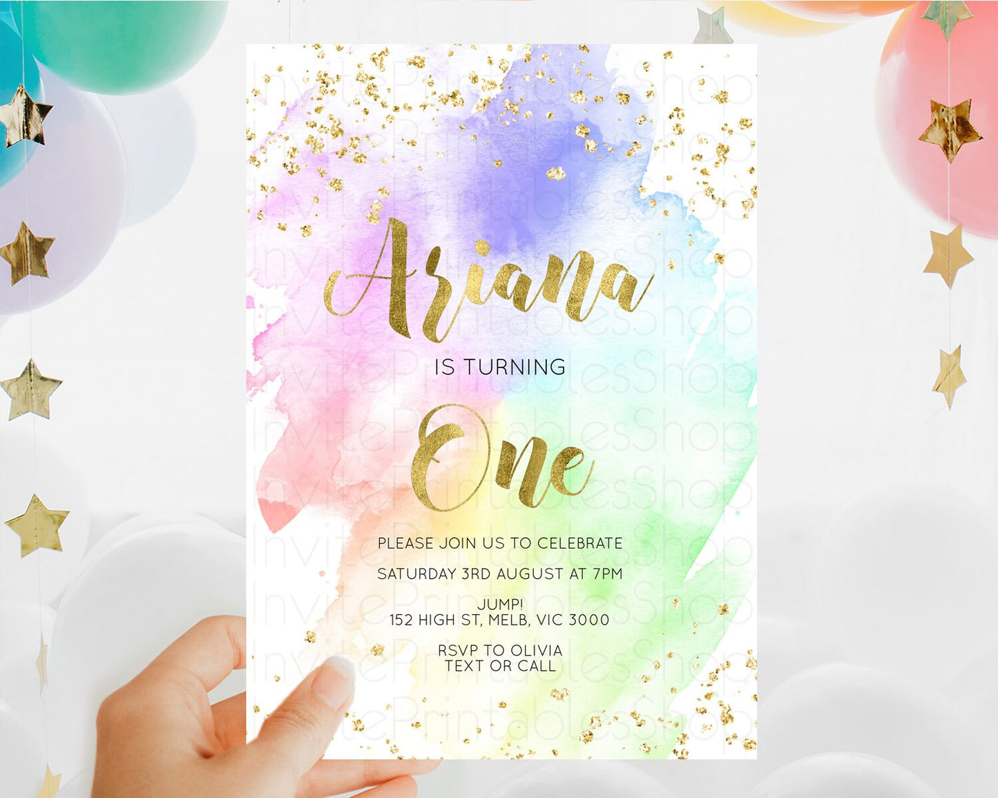 Rainbow Birthday Invitation Colorful Pastel Watercolor Invitation Gold Glitter Sprinkles Ombre Pastel 1st 2nd 3rd Birthday D10876