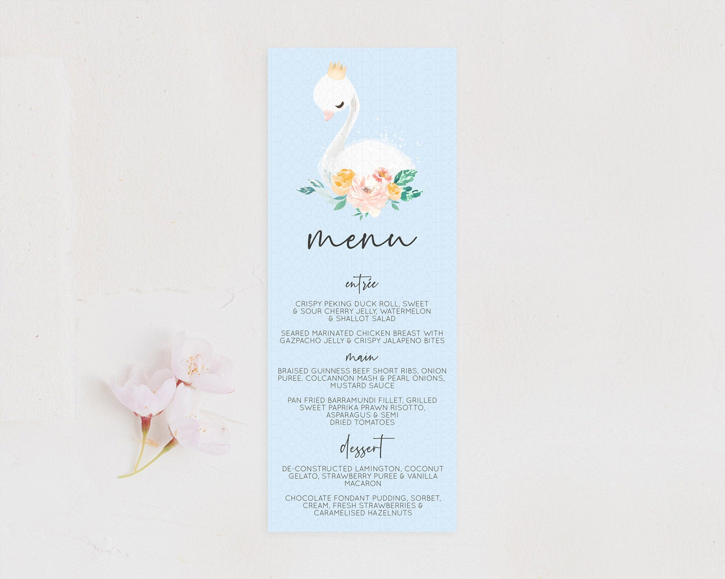 Swan Menu Swan Princess Ballet Menu Template Enchanted Swan Lake Table Decor Secret Garden Pastel Floral Dinner Dessert Food Menu D10903