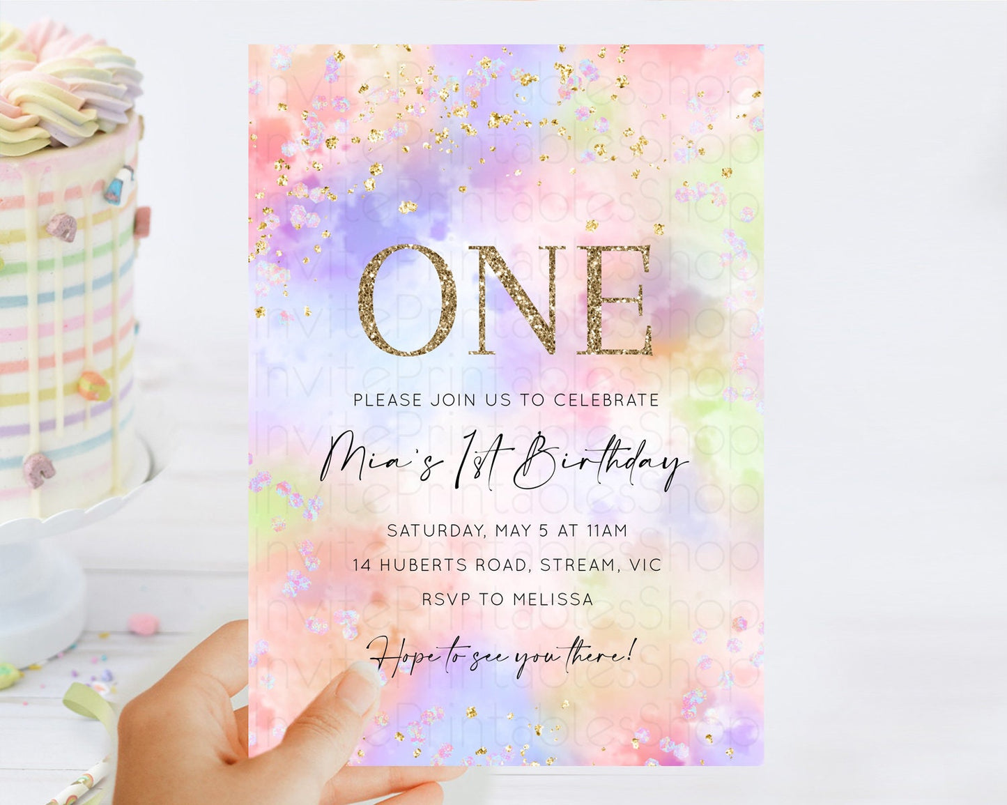 Rainbow Birthday Invitation Colorful Pastel Watercolor Invitation Gold Glitter Sprinkles Ombre Pastel 1st 2nd 3rd Birthday D10610