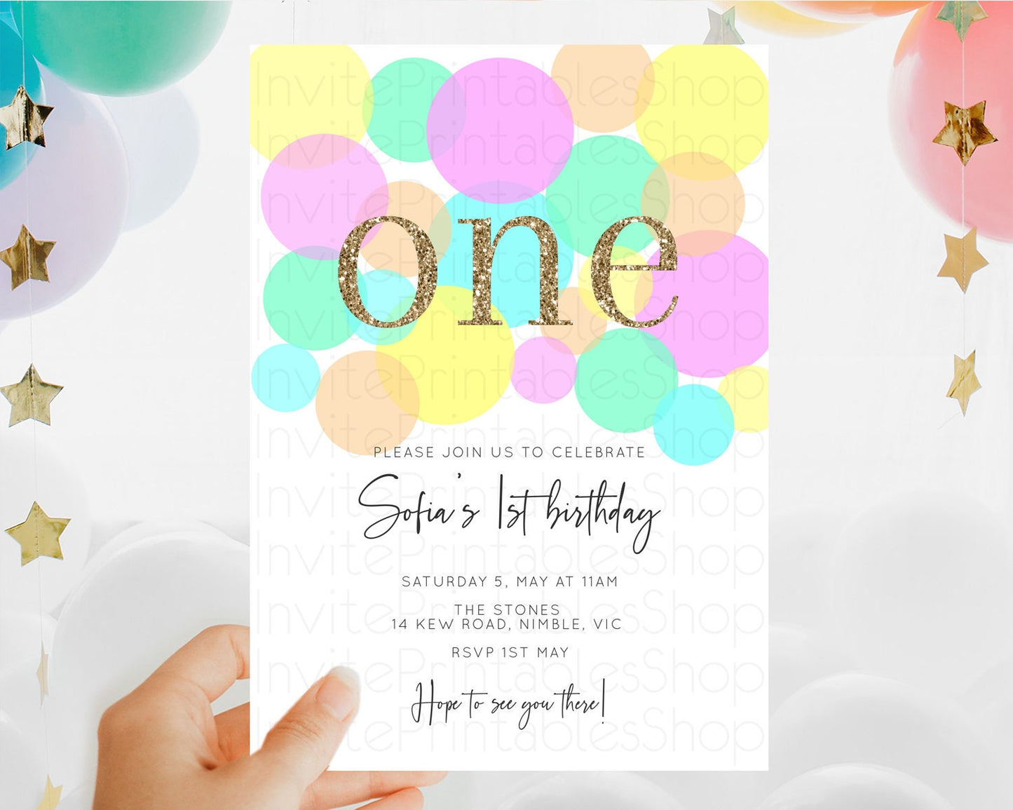 Pastel Birthday Invitation Pastel Confetti Birthday Invitation Bubbles Invitation Colorful Rainbow Confetti 2nd 1st First Birthday D10410