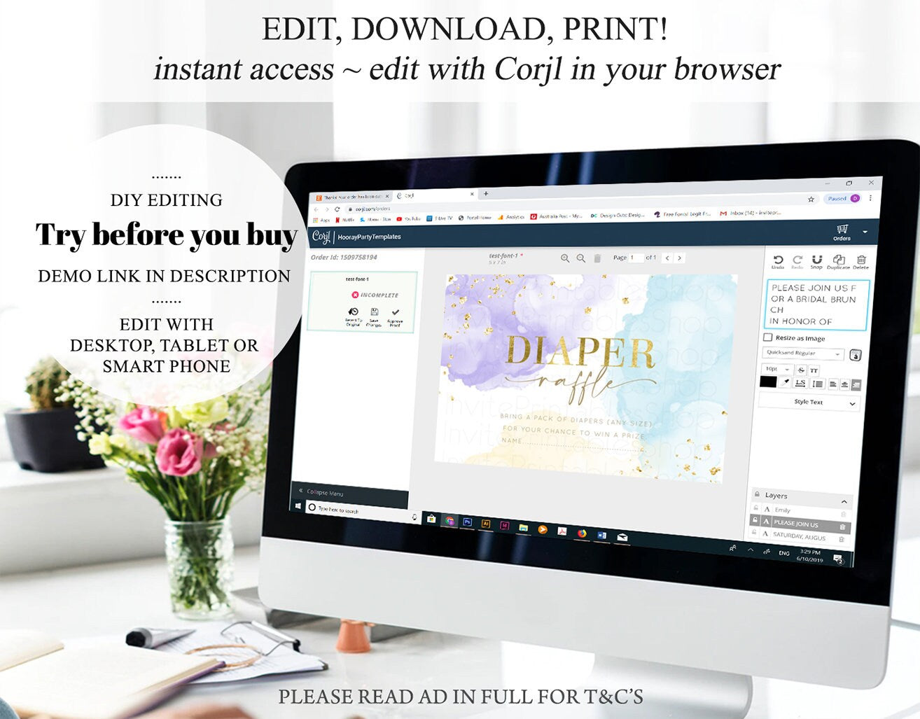 Rainbow Diaper Raffle Insert Baby Shower Diaper Game Ticket Card Watercolor Splash Colorful Pastel Gold Glitter Confetti Sprinkles 190V1