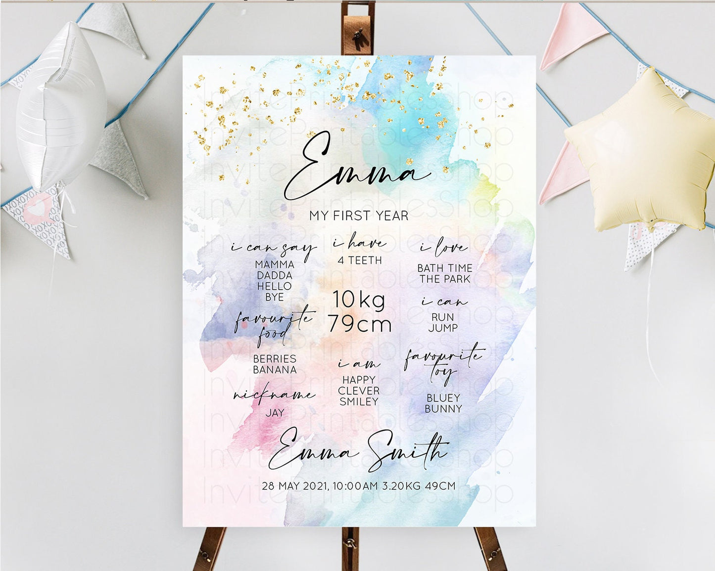 Pastel First Birthday Milestone Board Pastel Rainbow Milestone Poster Colorful Confetti Watercolor Glitter 1st Birthday Welcome Sign D10420