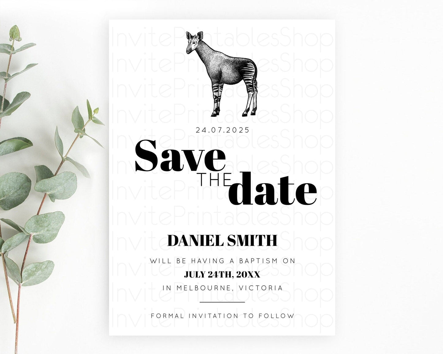 Okapi Save The Date Template Okapi Party Save The Date Safari Adventure Okapi Minimal Theme For 1st Birthday Baptism Baby Shower D10283
