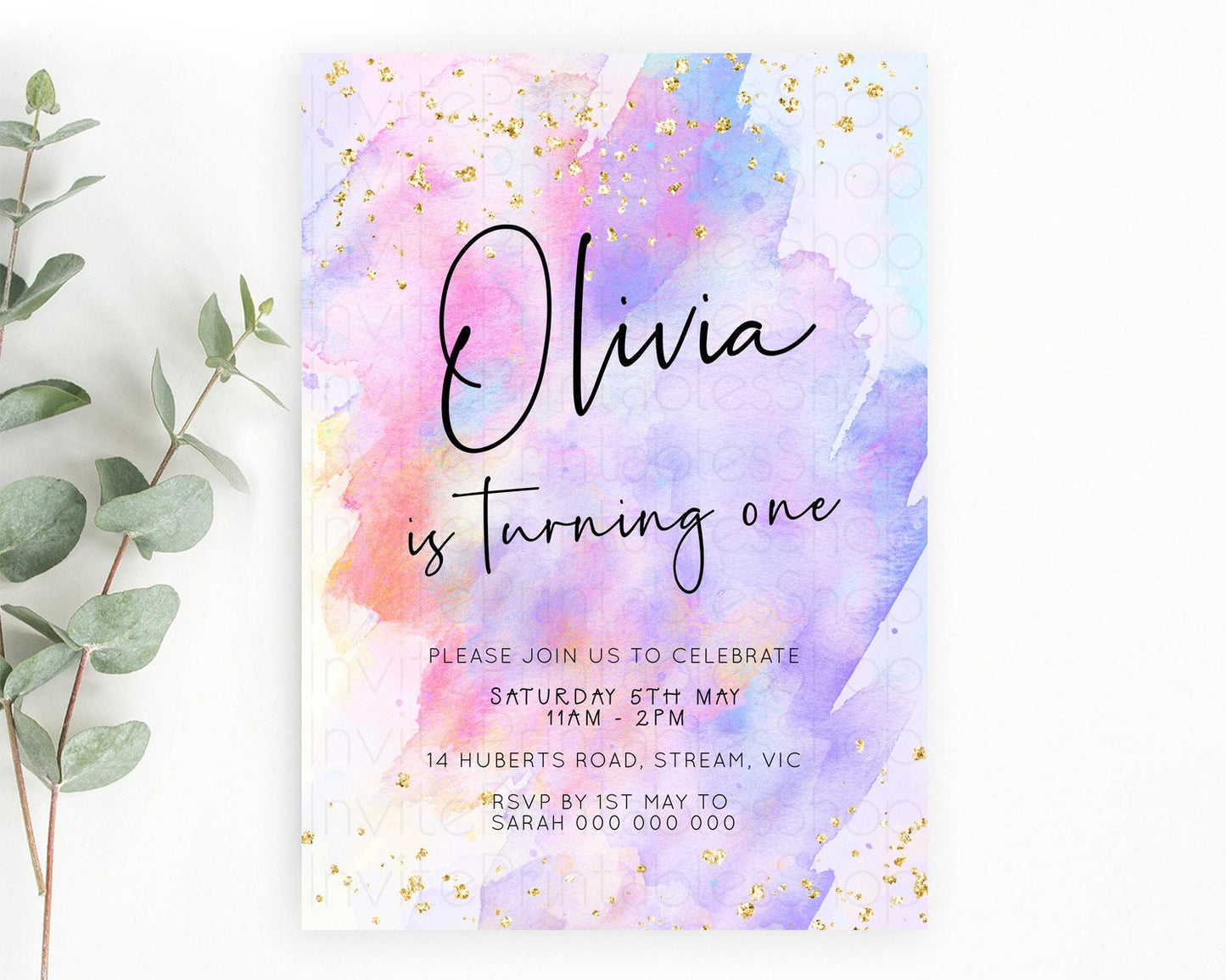 Pastel Birthday Invitation Ombre Watercolor Birthday Invitation Glitter Rainbow Color Splash 1st 2nd 3rd Birthday Invitation D23063