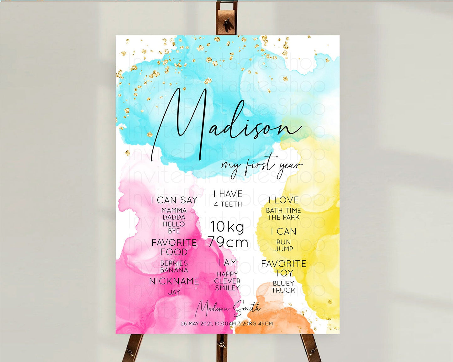 Pastel First Birthday Milestone Board Pastel Rainbow Milestone Poster Colorful Confetti Watercolor Glitter 1st Birthday Welcome Sign D10898