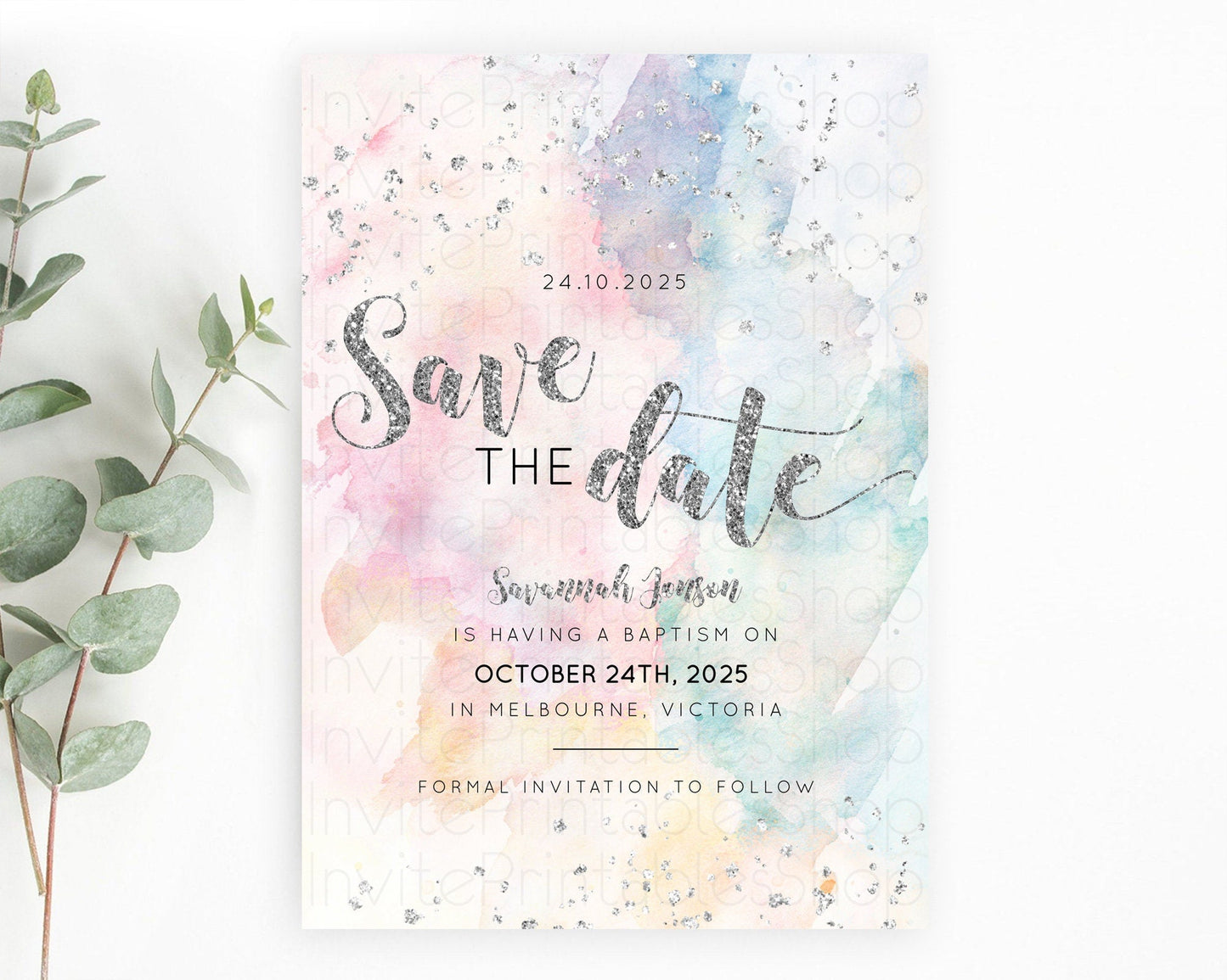Pastel Silver Save The Date Template Rainbow Colorful Ombre Colorful Watercolor Party 1st Birthday Baptism Baby Shower Bridal Shower D10944