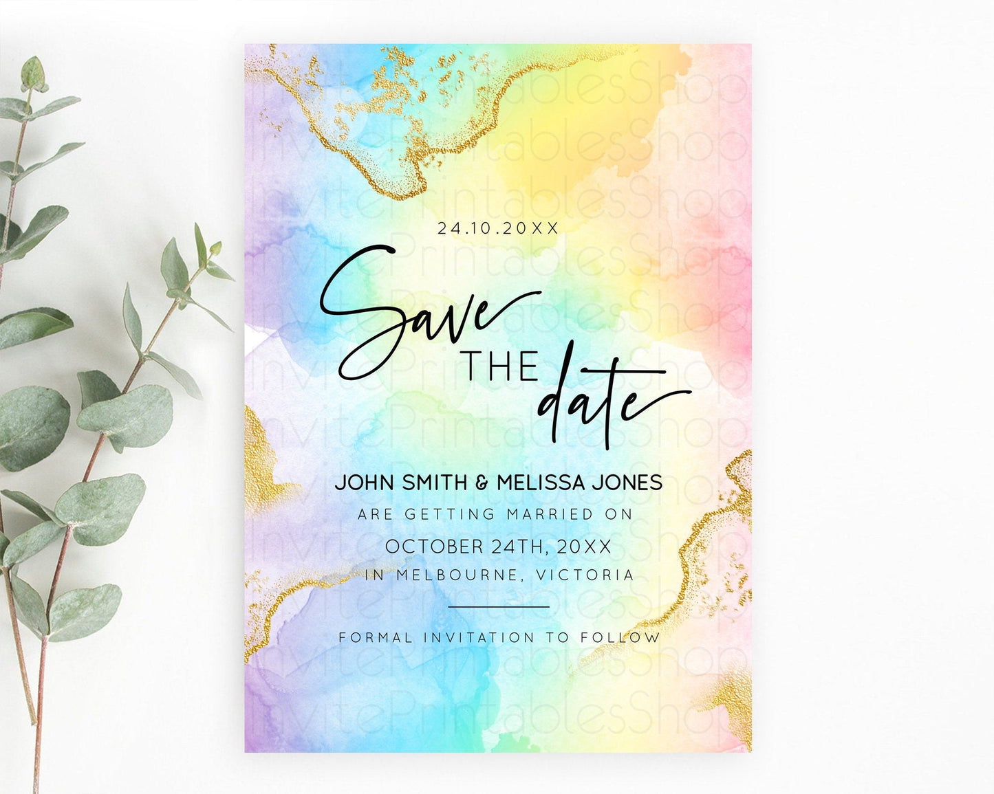 Pastel Save The Date Template Pastel Ombre Rainbow Watercolor Colorful Party For Birthday Baptism Baby Shower Wedding Bridal Shower D10588