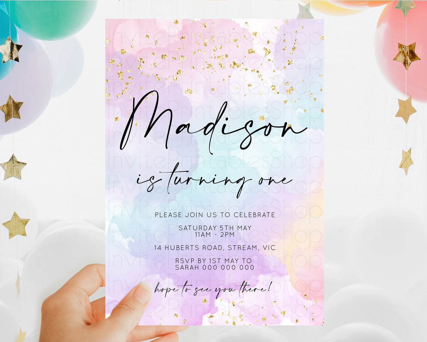 Rainbow Birthday Invitation Colorful Pastel Watercolor Invitation Gold Glitter Sprinkles Ombre Pastel 1st 2nd 3rd Birthday D10623