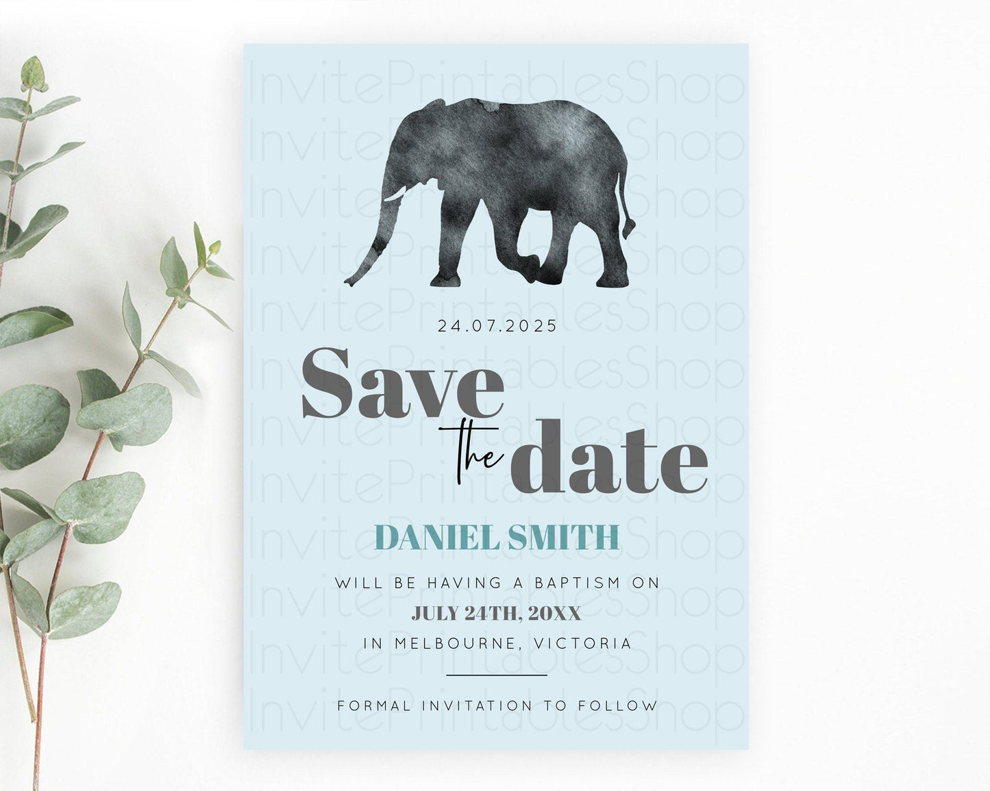 Elephant Save The Date Template Elephant Safari Adventure Party Dried Palm Fern Zoo 1st Birthday Baptism Baby Shower Bridal Shower D10802