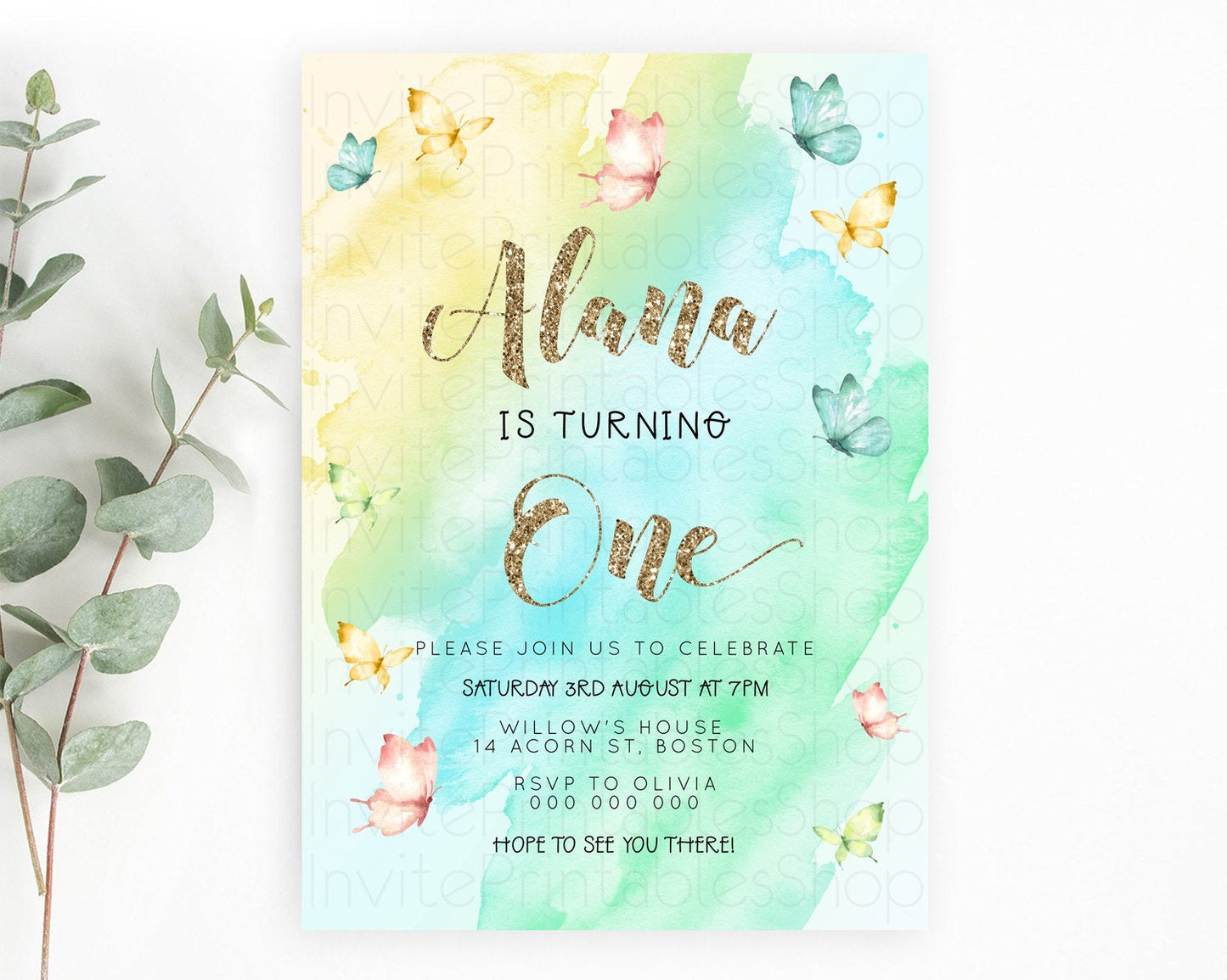 Pastel Butterfly Birthday Invitation Butterfly Birthday Invitation Colorful Splash Glitter Butterfly Garden 1st 2nd Birthday D23242