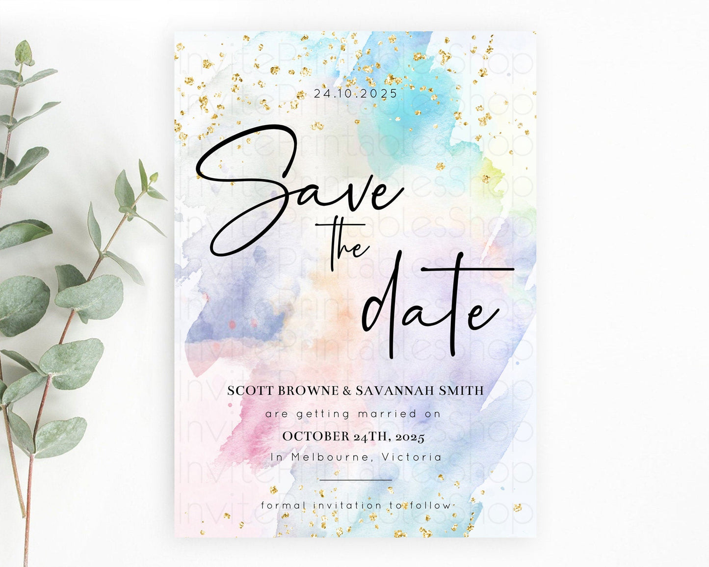 Pastel Save The Date Template Pastel Ombre Rainbow Watercolor Colorful Party For Birthday Baptism Baby Shower Wedding Bridal Shower D10422
