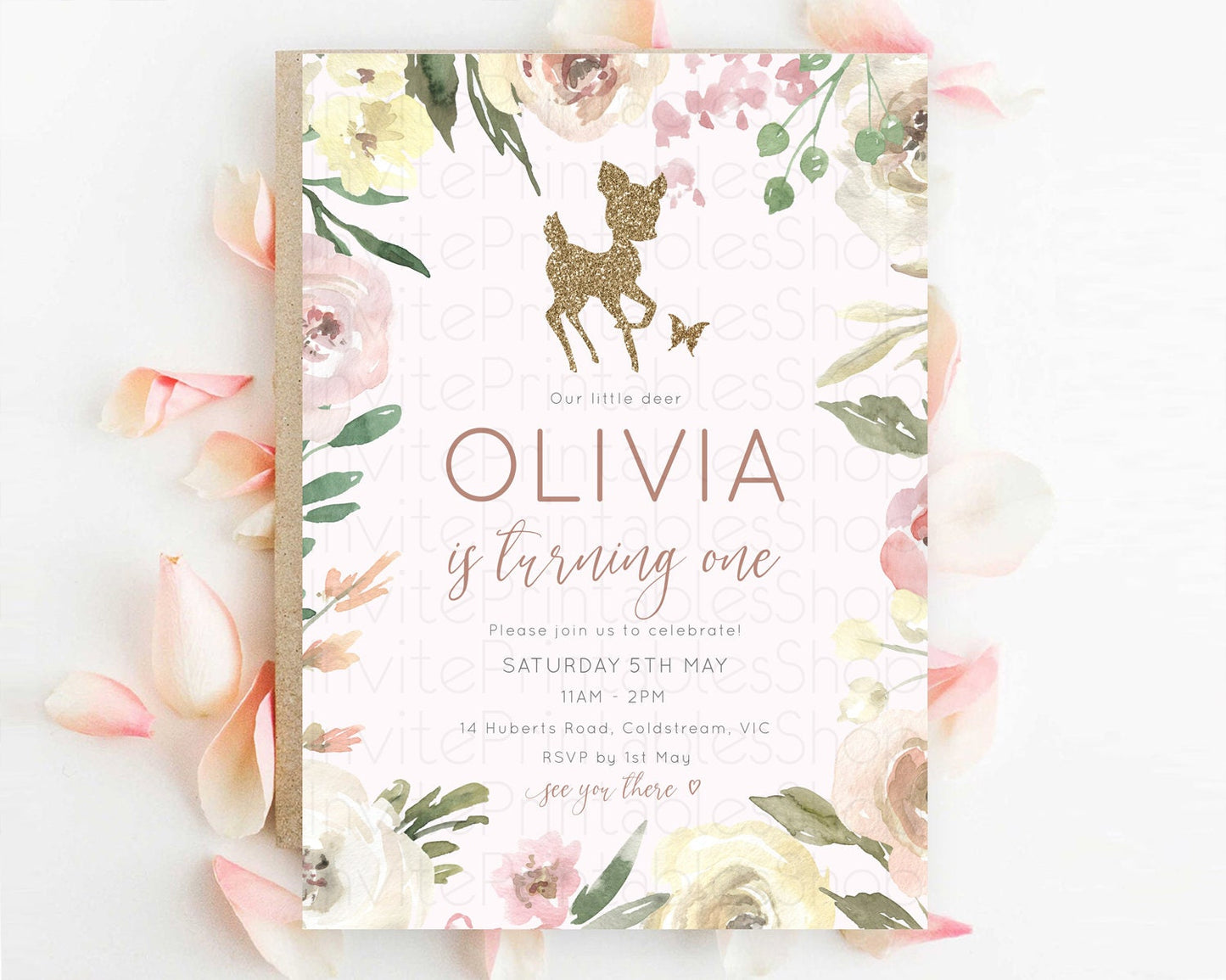 Fawn Birthday Invitation Deer Birthday Invitation Enchanted Forest Party Butterfly Pastel Flowers Whimsical 2nd 1st First Birthday D10193