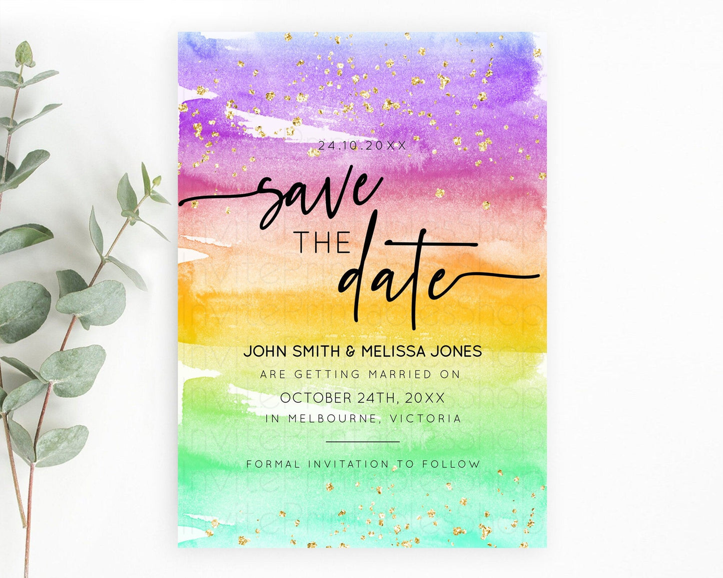 Pastel Save The Date Template Pastel Ombre Rainbow Watercolor Colorful Party For Birthday Baptism Baby Shower Wedding Bridal Shower D10524